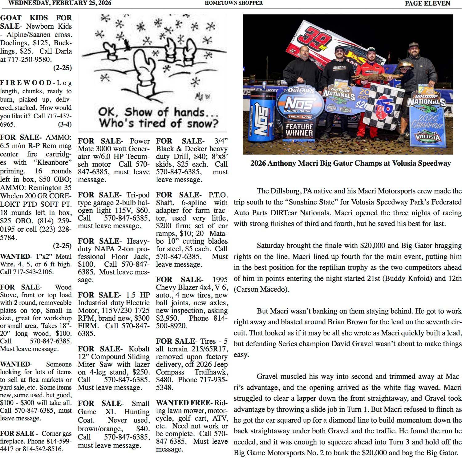 Black and white newspaper clipping with classifieds and a cartoon asking who is tired of snow.