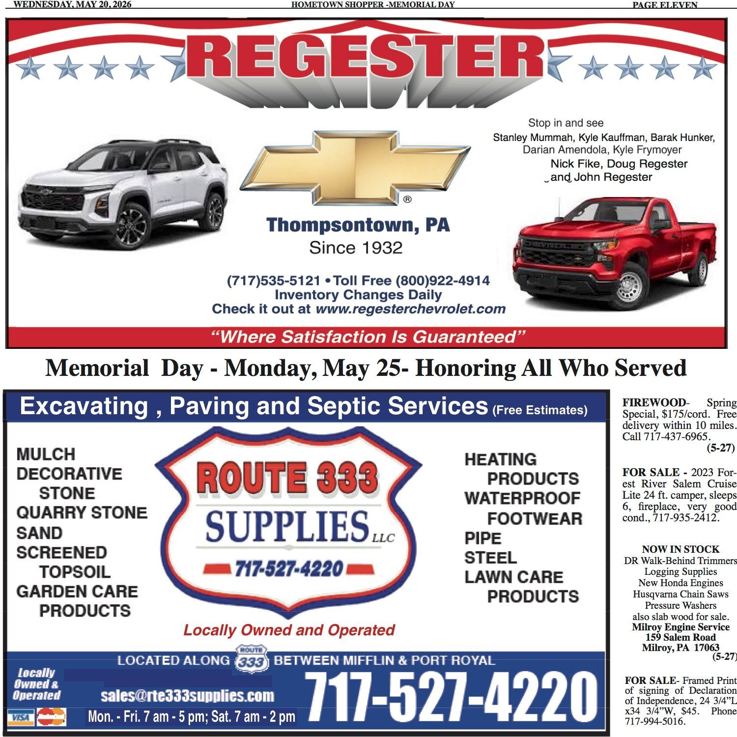 Register Chevrolet ad with white and red pickup trucks, Thompsontown, PA, and Route 333 Supplies banner below
