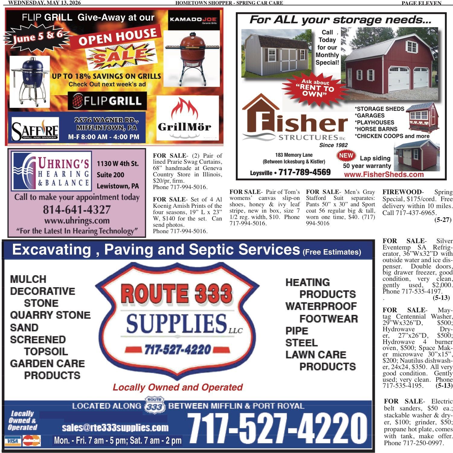 Collage of local business ads for grills, storage sheds, and Route 333 Supplies with phone numbers and logos