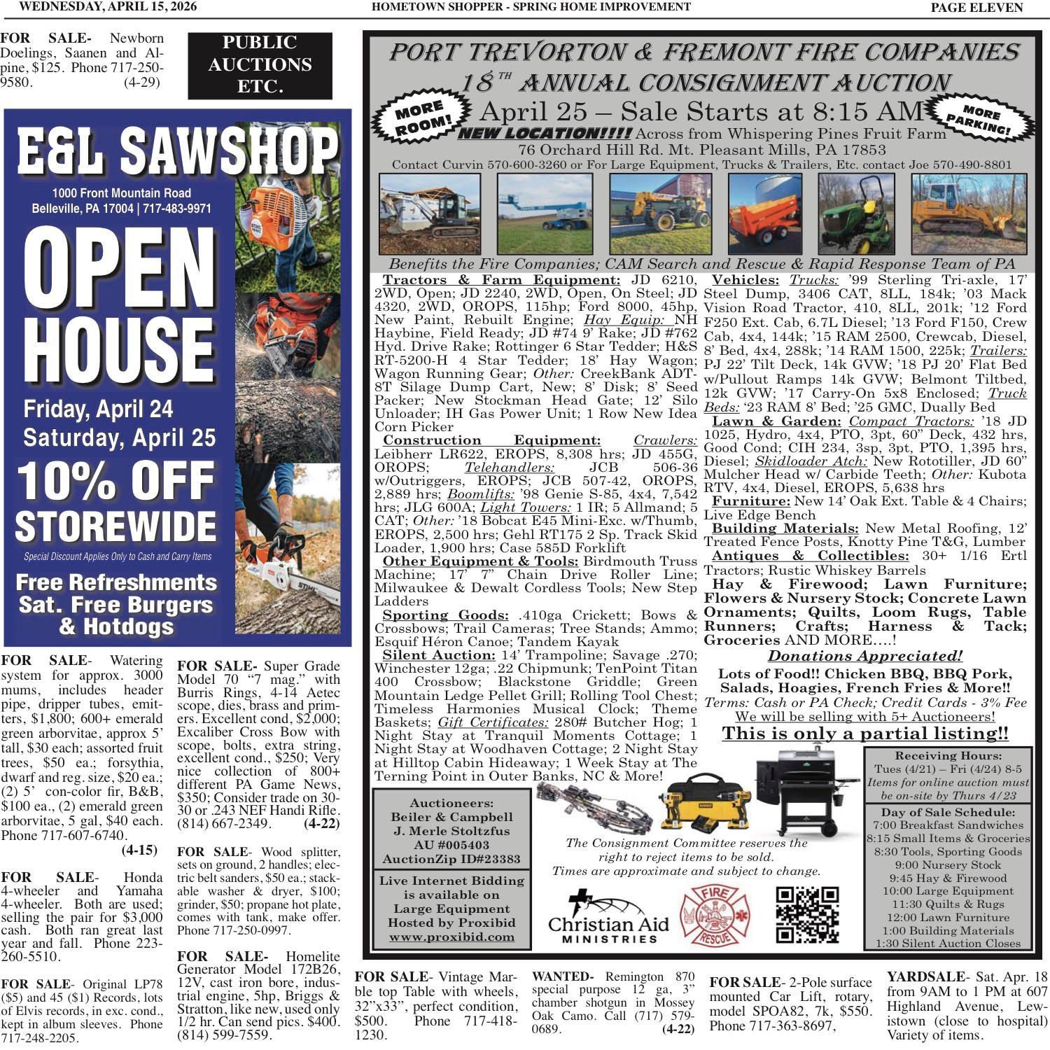 A newspaper flyer for an E&L Sawshop open house and a Port Trevorton & Fremont Fire Companies auction on April 24-25.