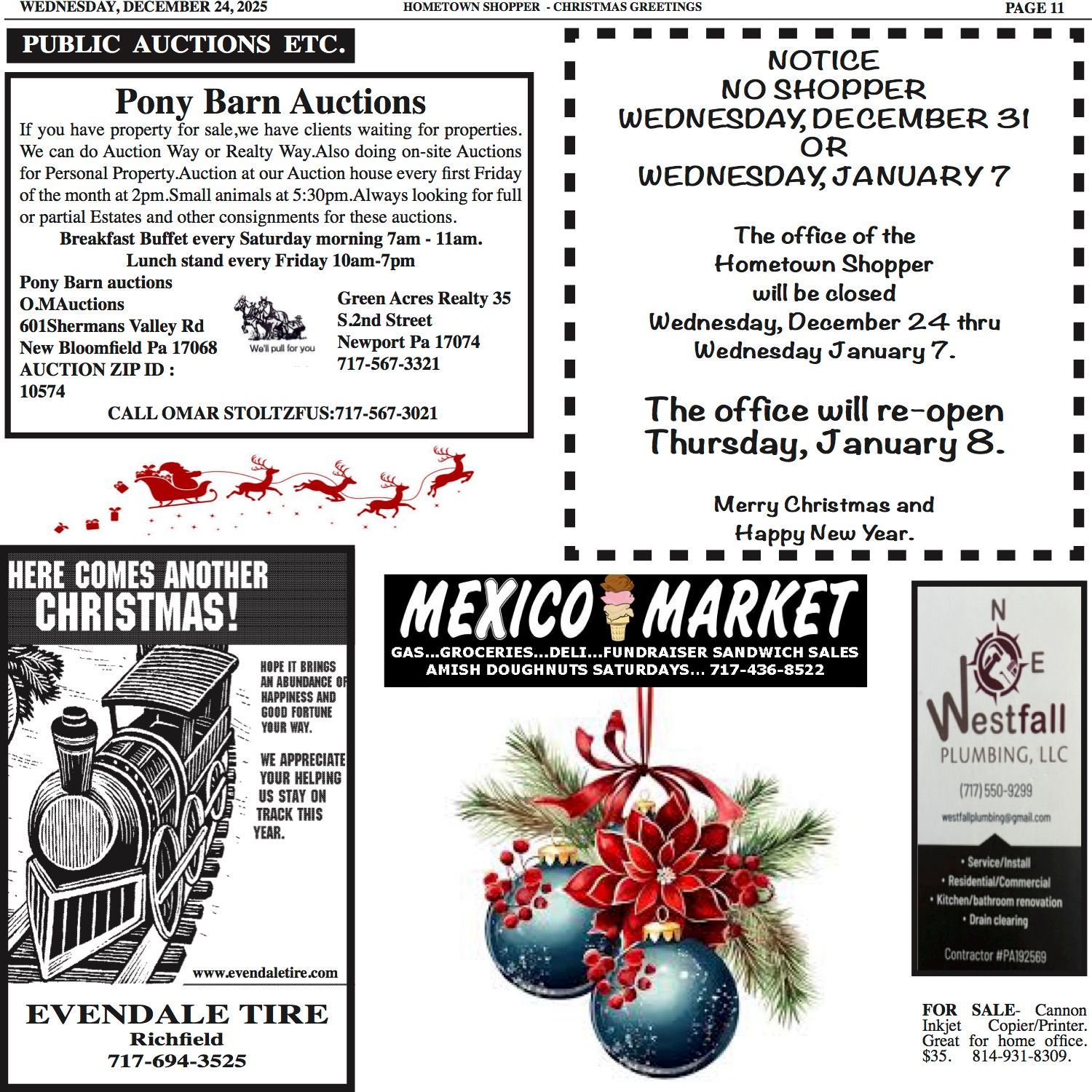 Newspaper ad: public auctions, market, tire shop, and plumbing service announcements with holiday wishes.
