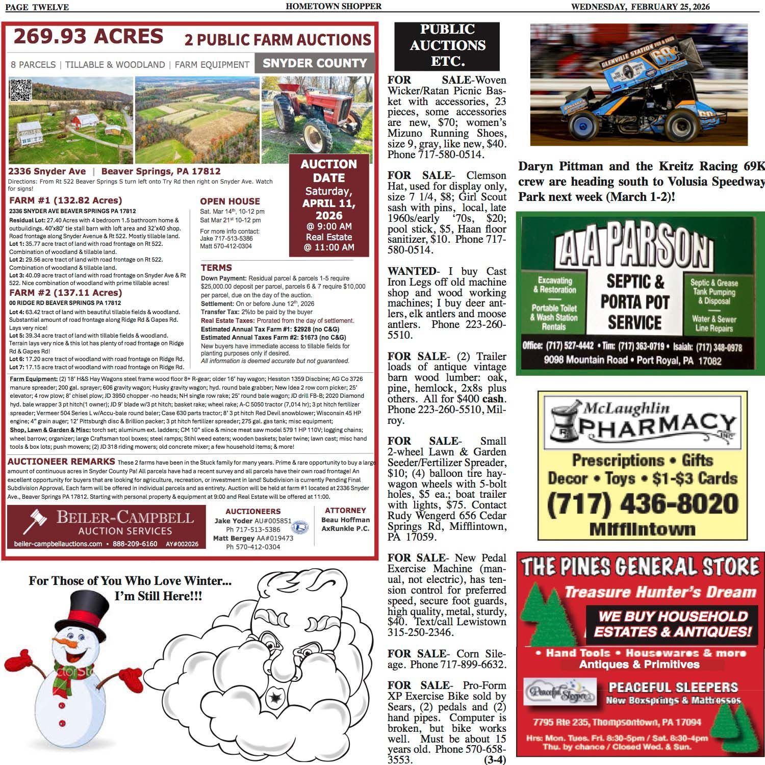 Newspaper page with farmland auction ads, a dirt racing car, and local business ads.