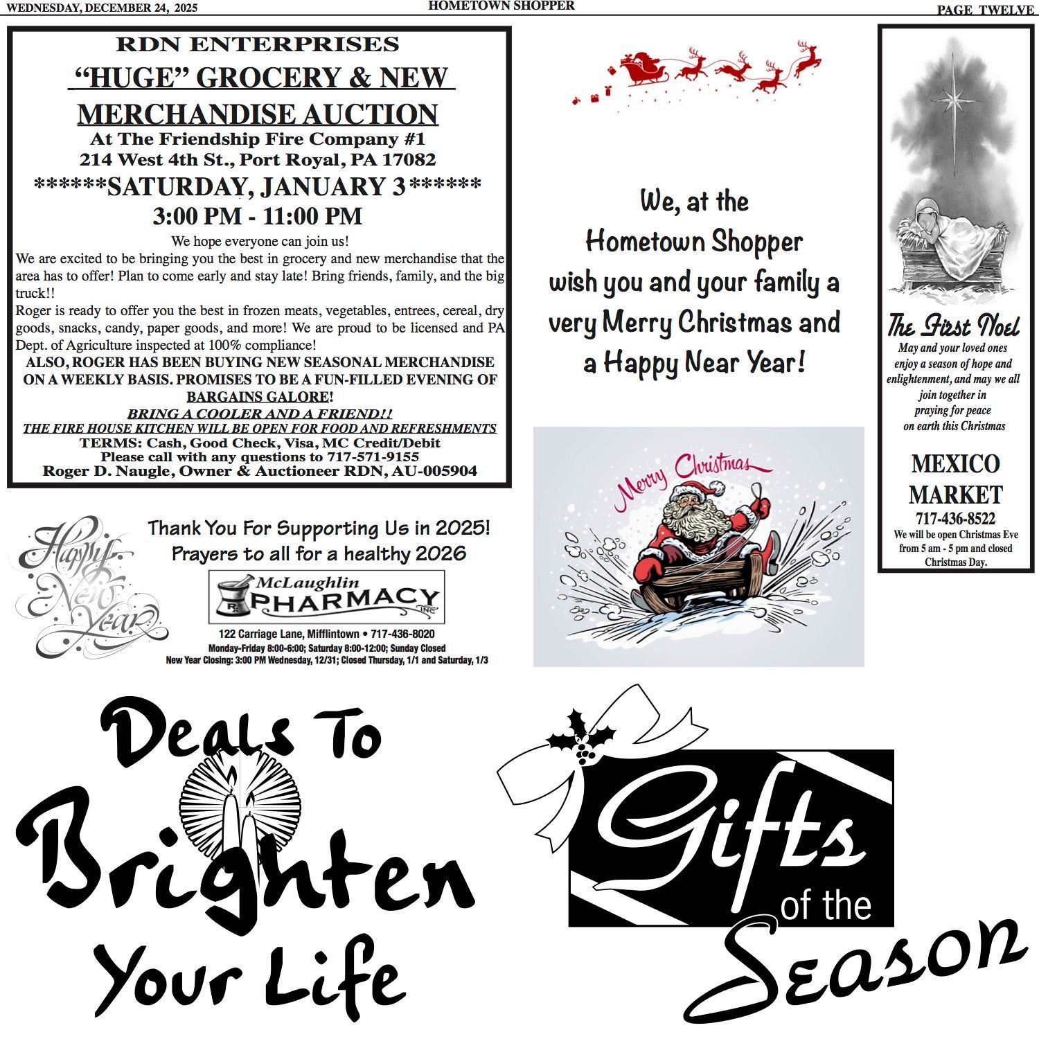 Newspaper ad for a grocery & merchandise auction, holiday greetings, and a pharmacy advertisement.