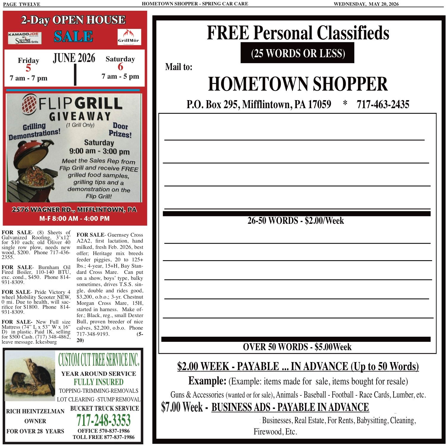 Newspaper classifieds page with giveaway ad and HomeTown Shopper personal classifieds form