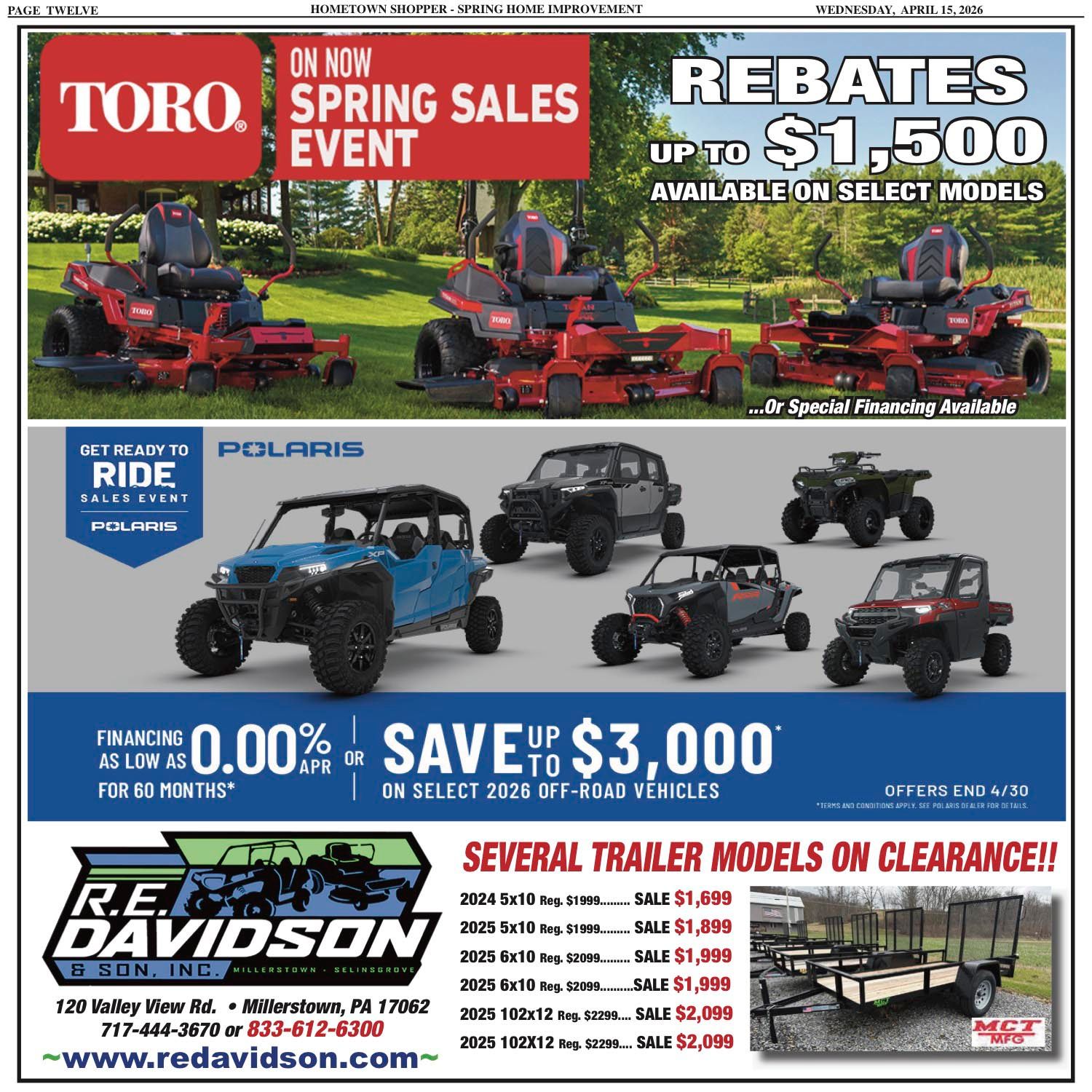 Advertisement for R.E. Davidson & Son, featuring Toro lawn mowers, Polaris off-road vehicles, and trailer clearance deals.