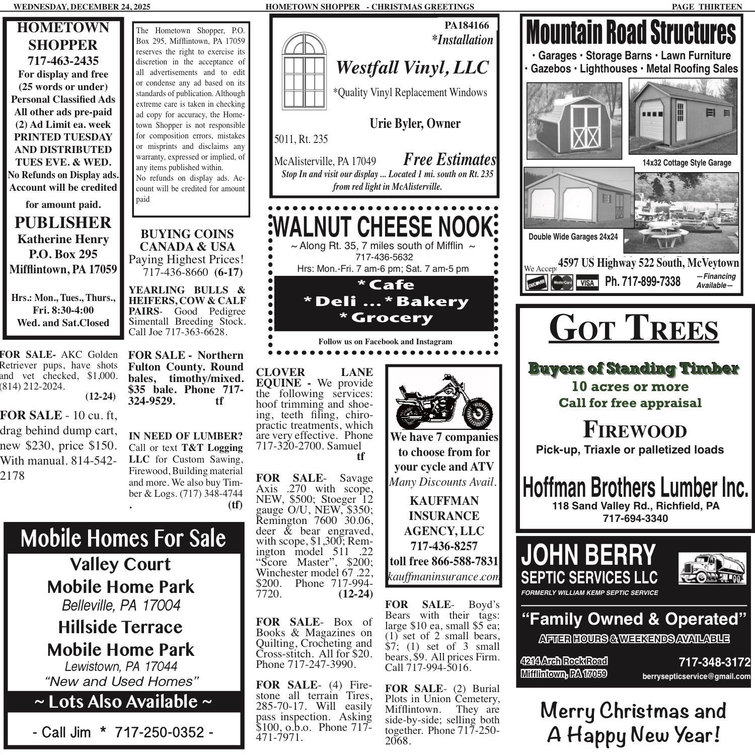 Newspaper ads: real estate, services, and local businesses, with holiday greetings.