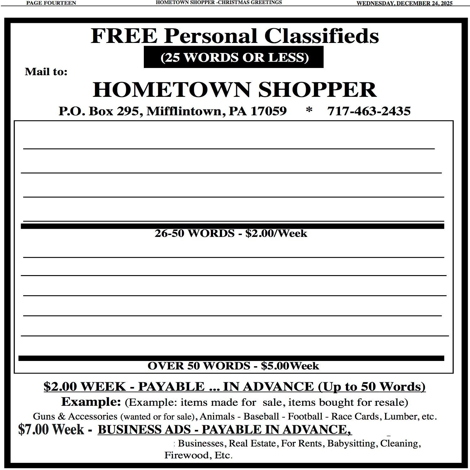 Advertisement form for Hometown Shopper with pricing for personal and business classifieds.