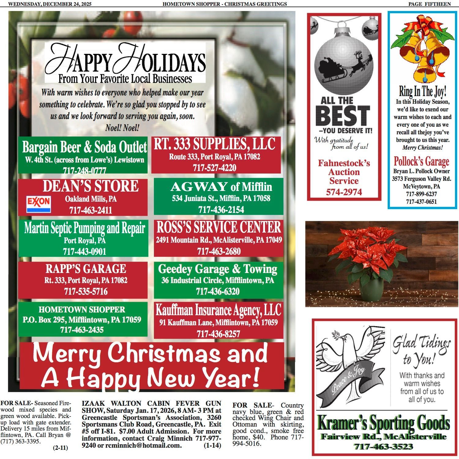 Holiday greetings advertisement with various businesses' logos and contact info.