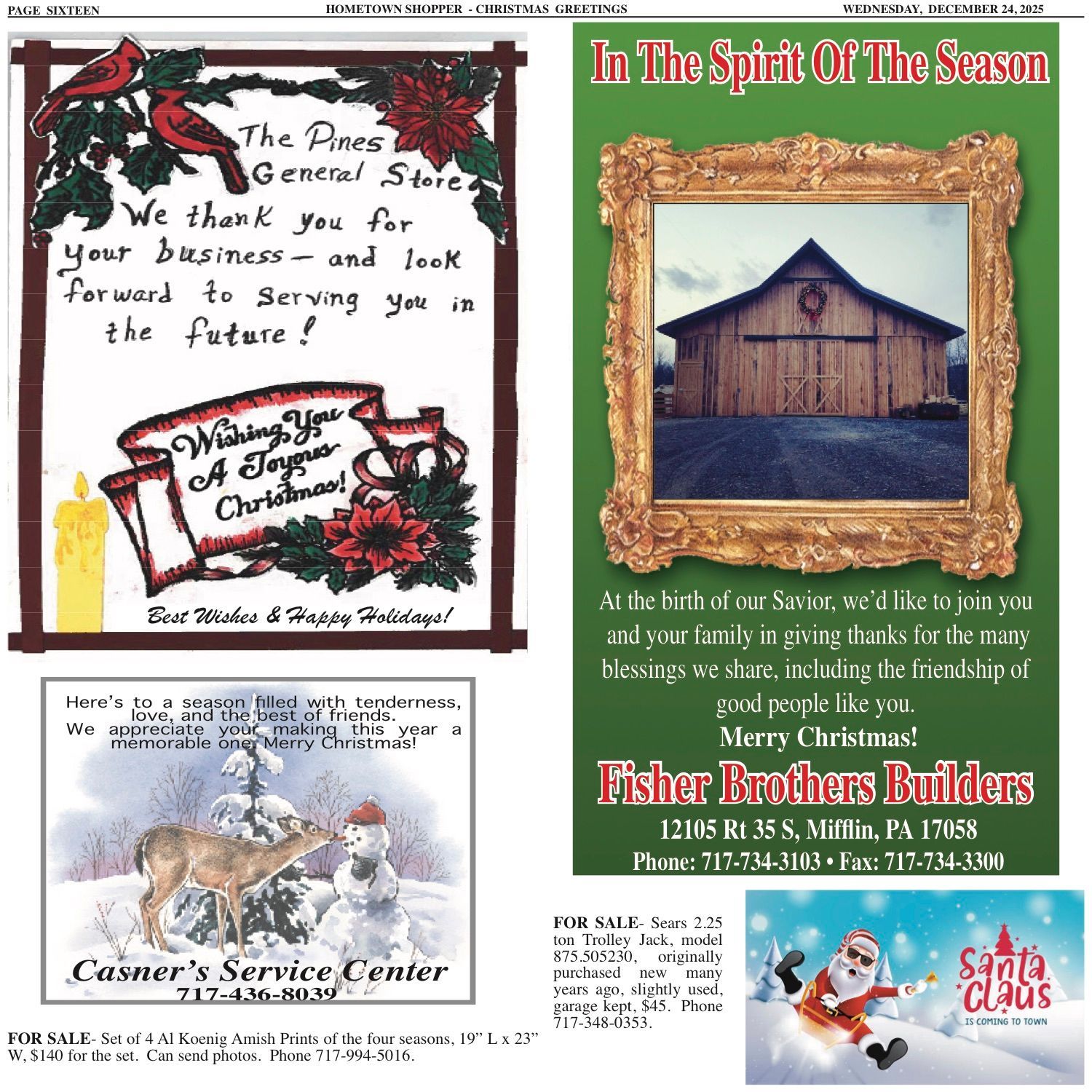 Christmas advertisements: General store, builders, and service center offer holiday wishes.