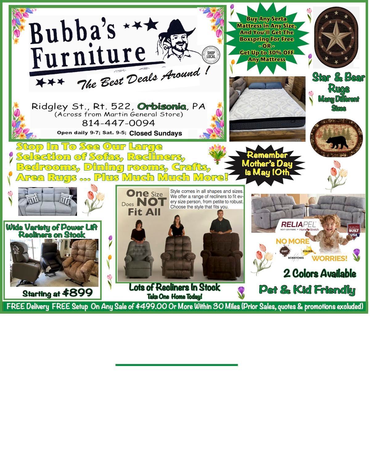 Promotional flyer for Bubba's Furniture in Orbisonia, PA, featuring furniture, mattresses, and special sale information.