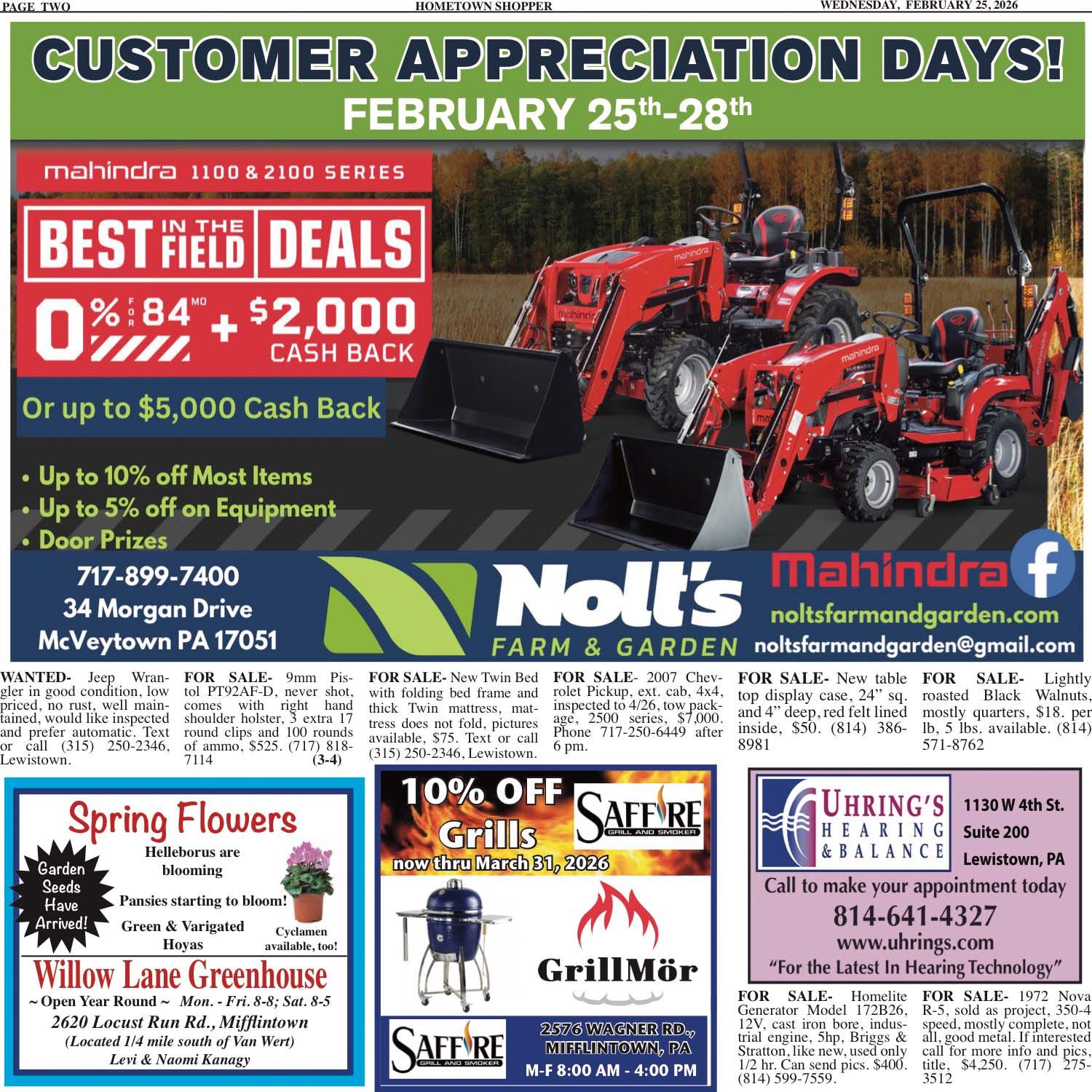 Advertisement for Mahindra tractors, offering discounts and cash back, with related businesses.