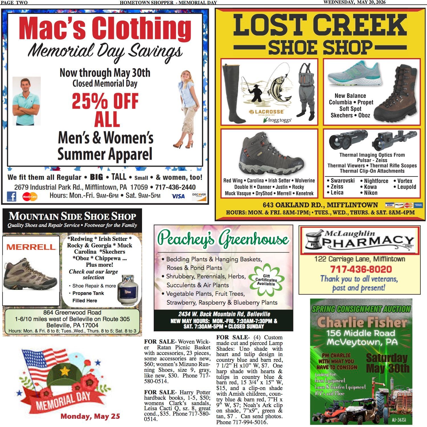 Black-and-white newspaper classifieds with ads for services, homes, trucks, and local businesses