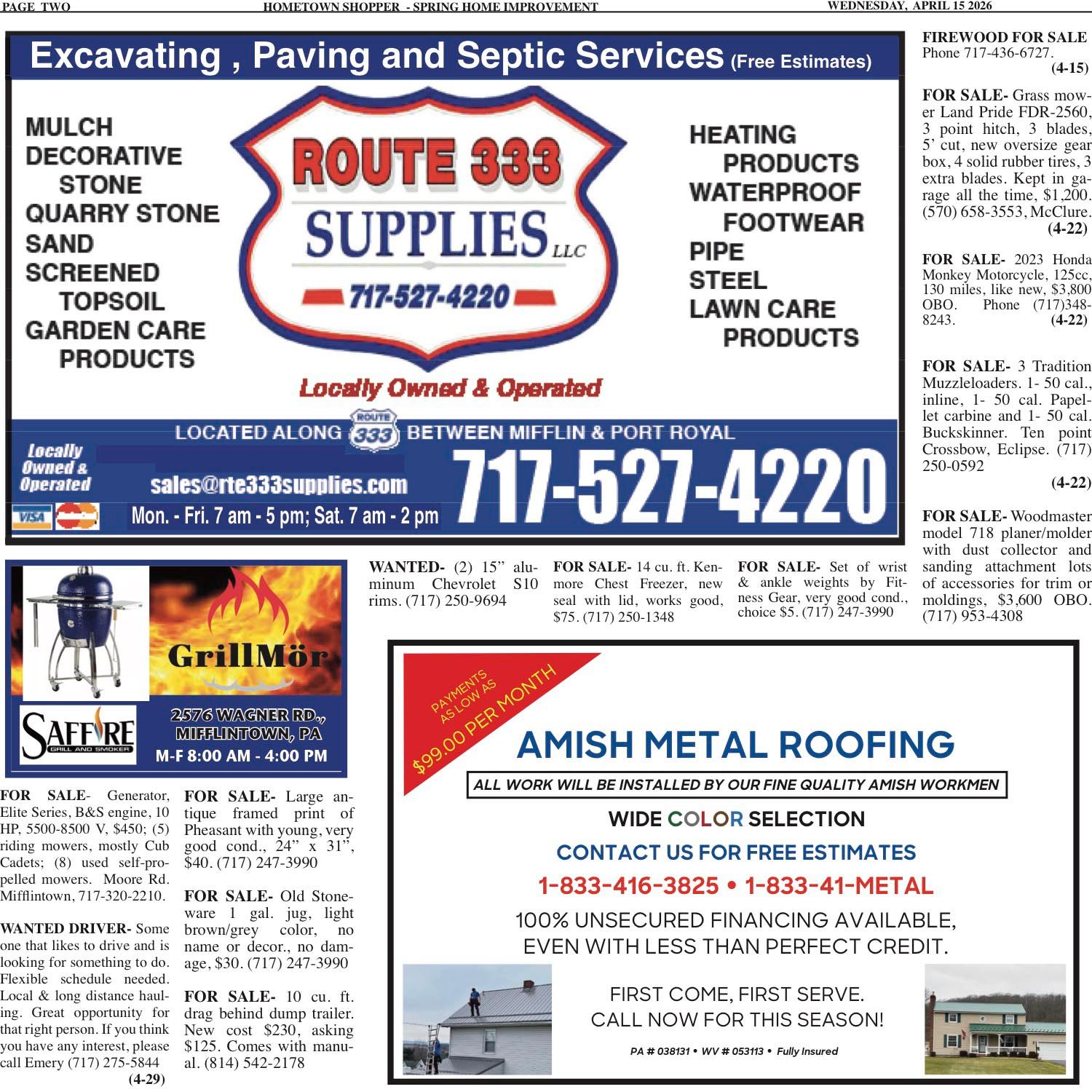 A classifieds page featuring advertisements for Route 333 Supplies, Saffire Grill, and Amish Metal Roofing.