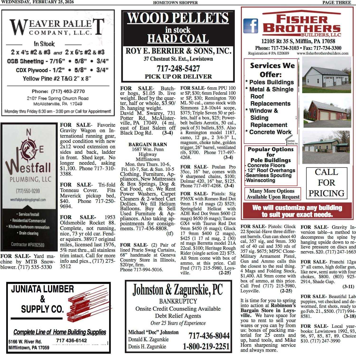 Newspaper ads: Weaver Pallet, wood pellets, Fisher Brothers, Westfall Lumber, Juniata Lumber, Johnston & Zagurskie.