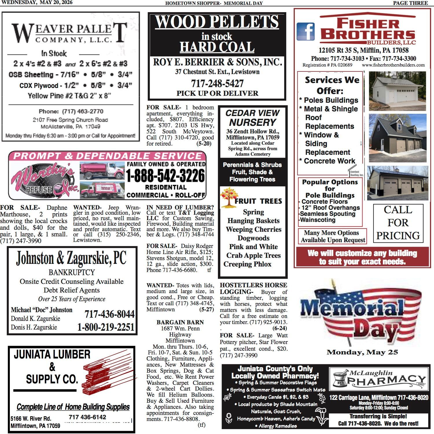 Newspaper-style collage of business ads for wood pellets, lumber, services, and Memorial Day promotion