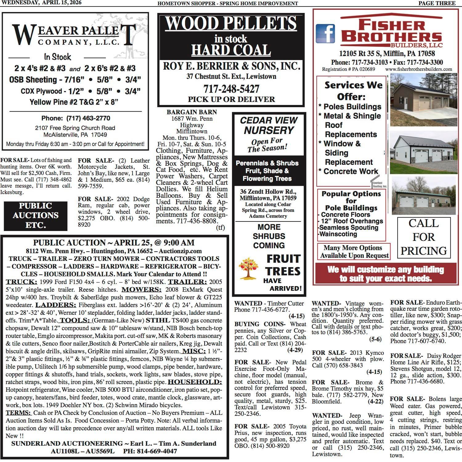 A black-and-white page of classified advertisements including local business services, for-sale items, and public auctions.