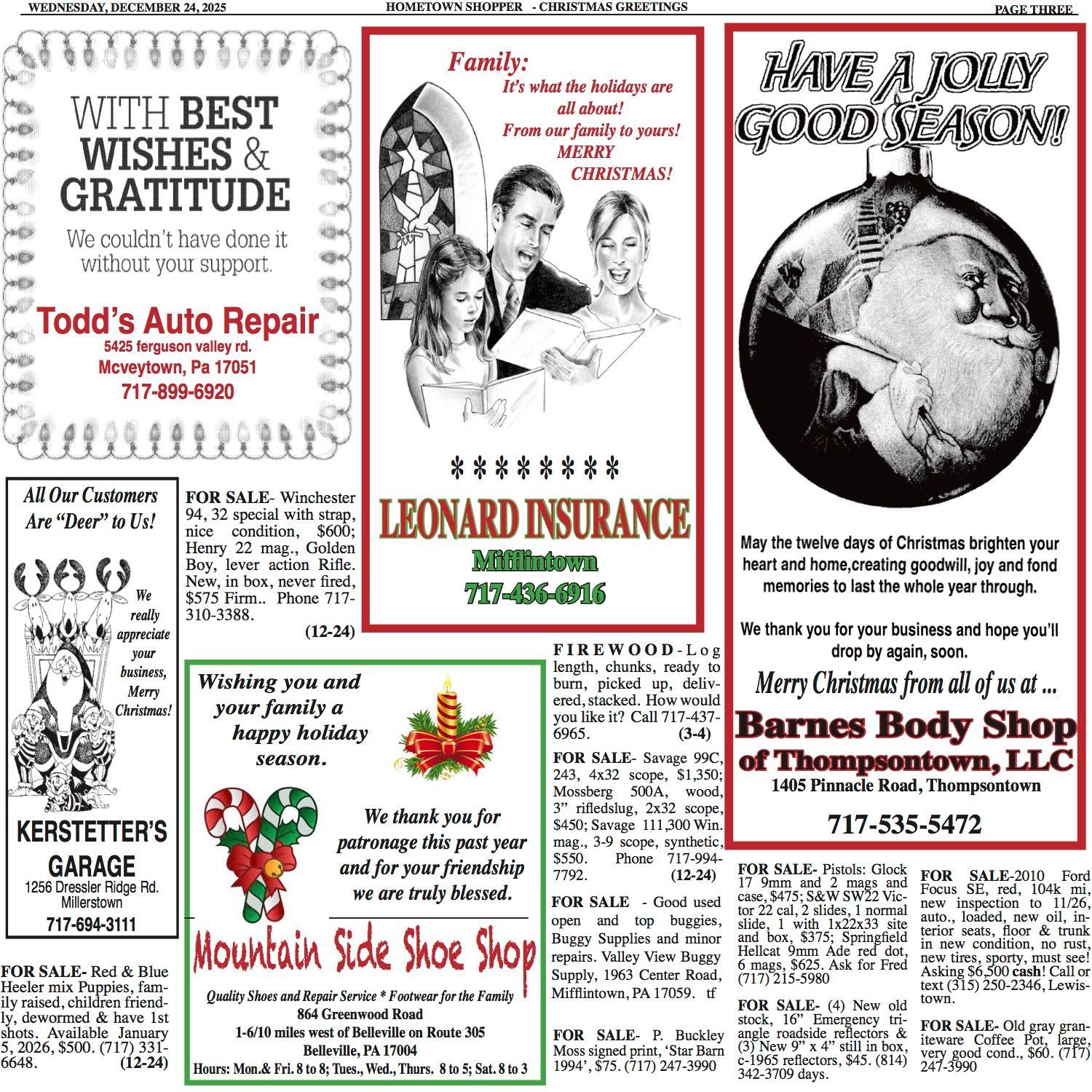Advertisements for various local businesses with holiday wishes.