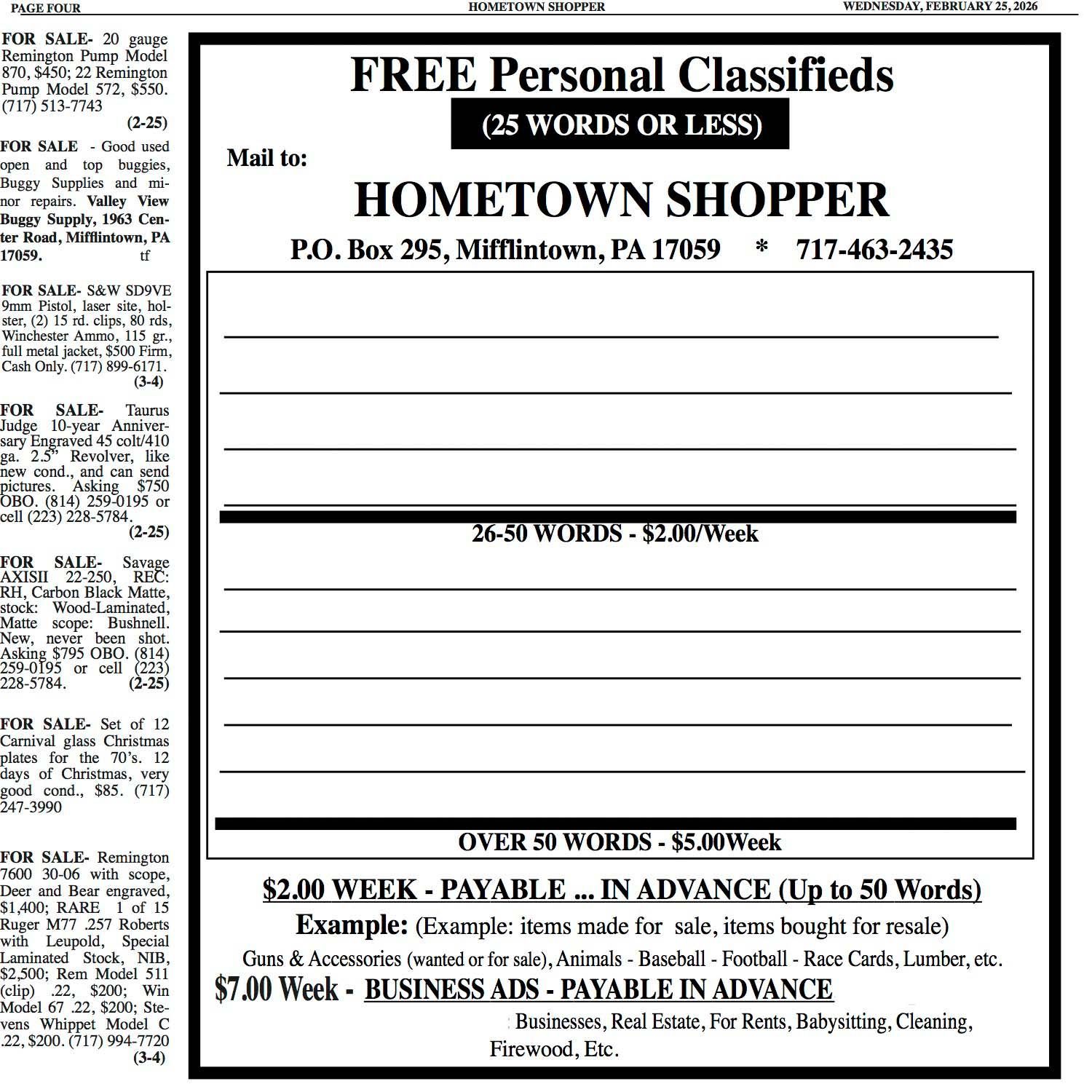 Newspaper ad for classifieds, offering free personal ads (25 words or less). Includes mailing address and pricing details.