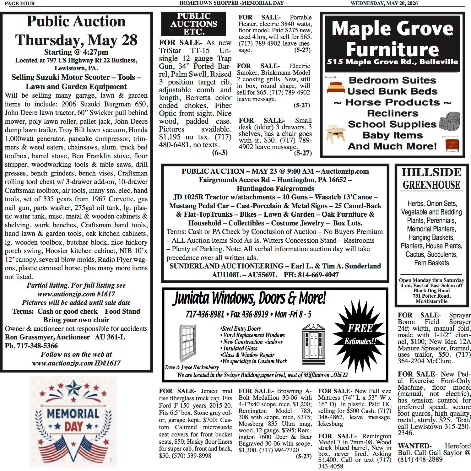 Newspaper page with dense text columns, ads, and a large public auction notice on the right.