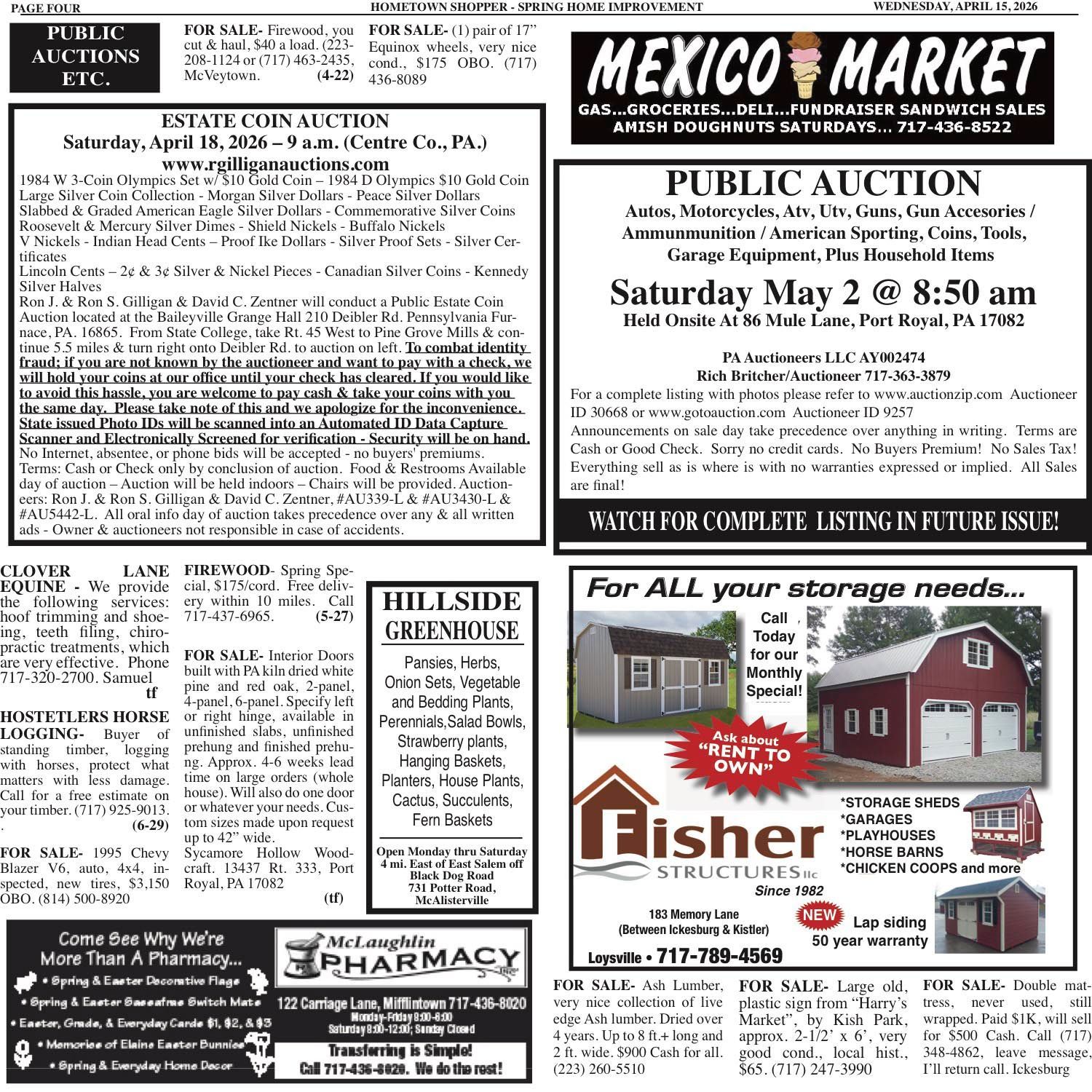 A classifieds page featuring advertisements for auctions, local businesses, and storage structures.