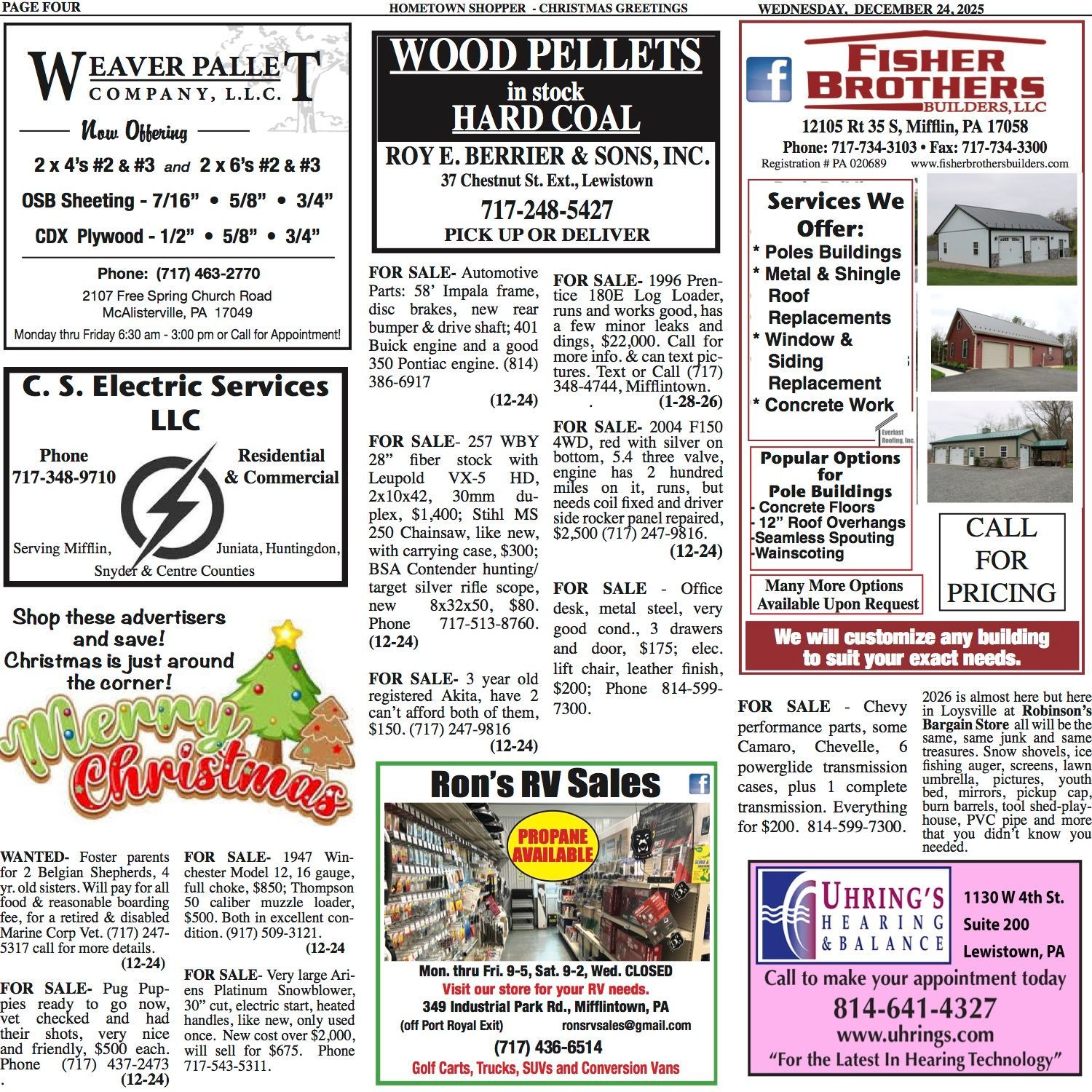 Newspaper page with various advertisements, including Christmas promotions and wood pellet sales.