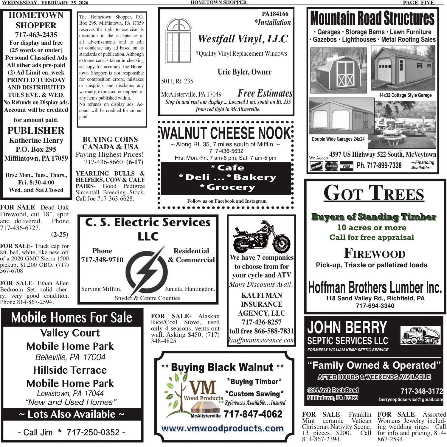 A newspaper clipping with advertisements for various services and businesses.