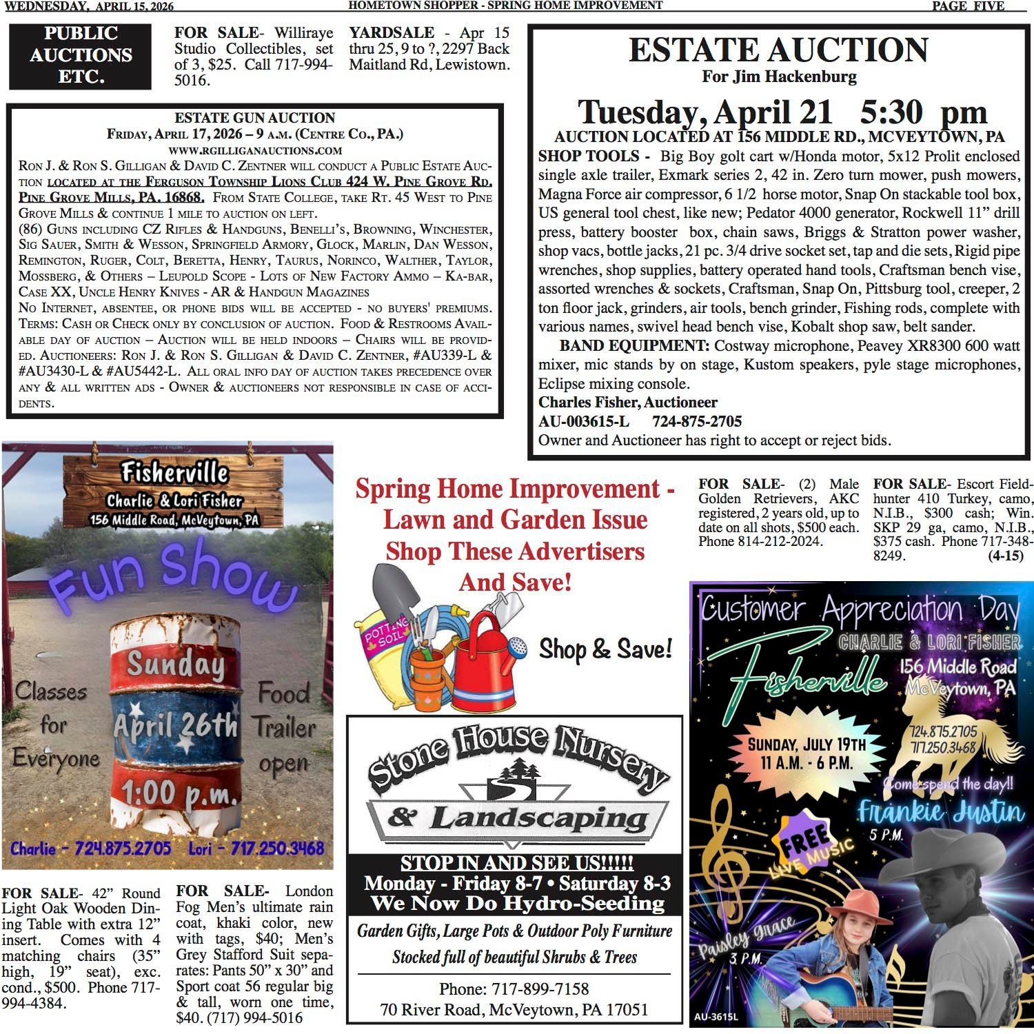 A classifieds newspaper page containing advertisements for auctions, local events, a fun horse show, and lawn care.