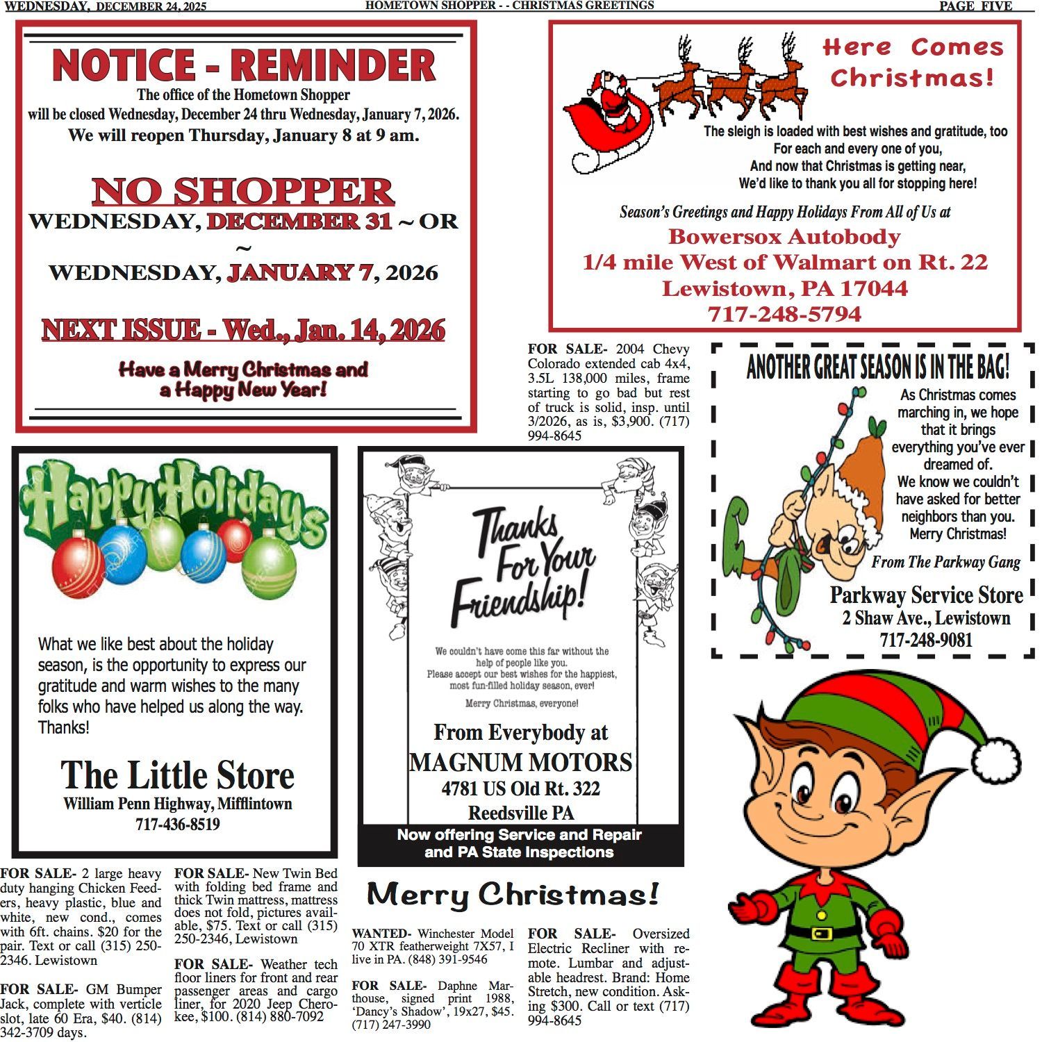 Holiday-themed newspaper page with ads for Christmas, including a Santa illustration and elf.