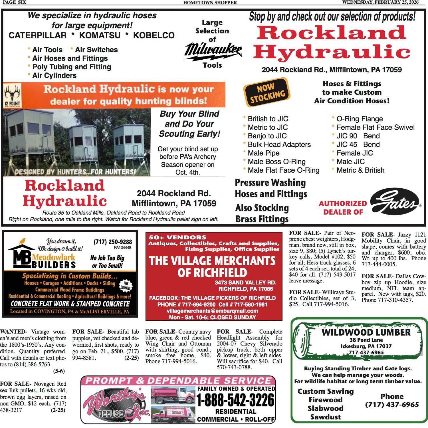 Advertisement for Rockland Hydraulic, a local business. Includes hunting blinds, tools, and house fixtures.