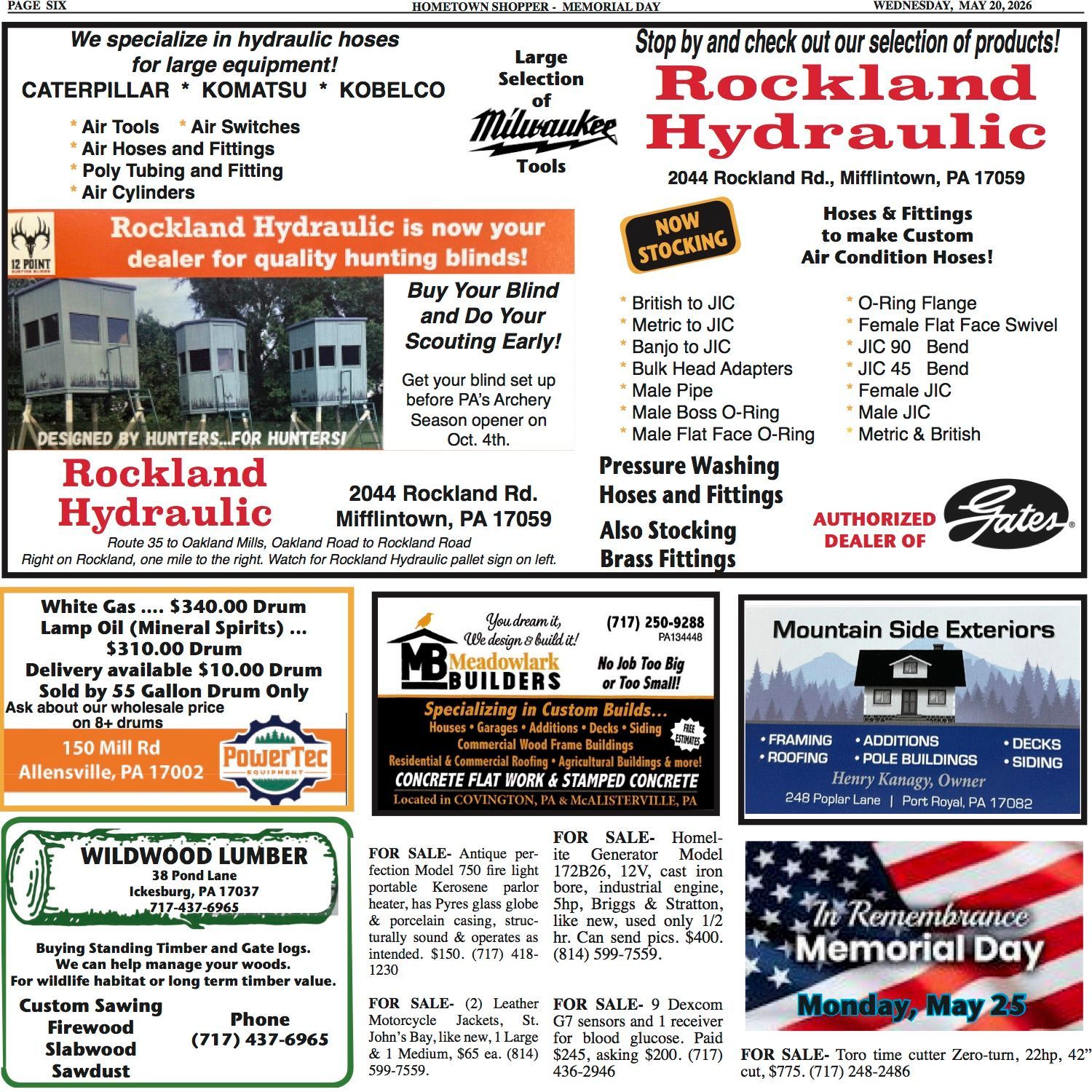 Collage of Rockland Hydraulic ads and local business promotions on a white background, featuring red and black text.