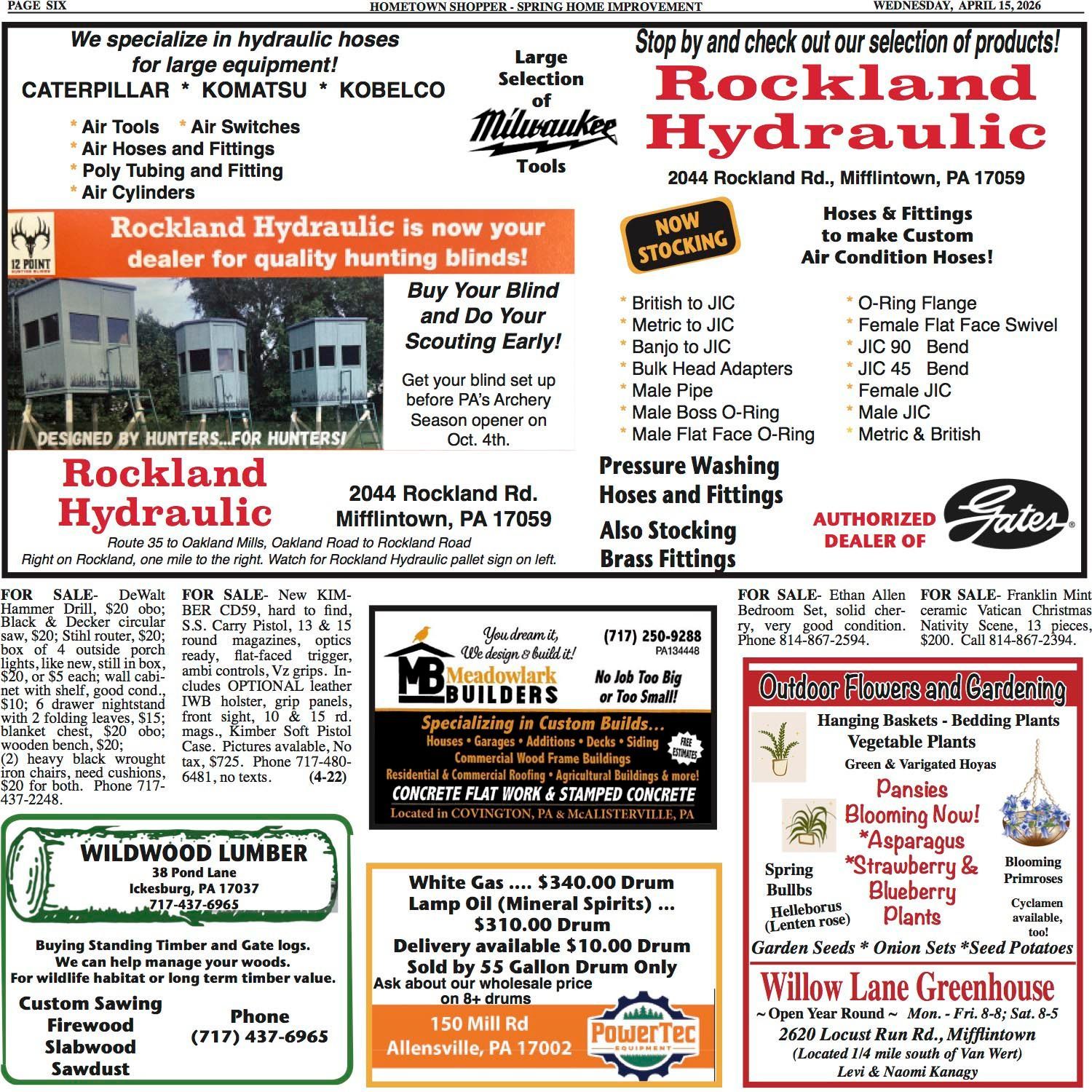A classifieds page featuring advertisements for Rockland Hydraulic, Meadowlark Builders, Wildwood Lumber, and local businesses.
