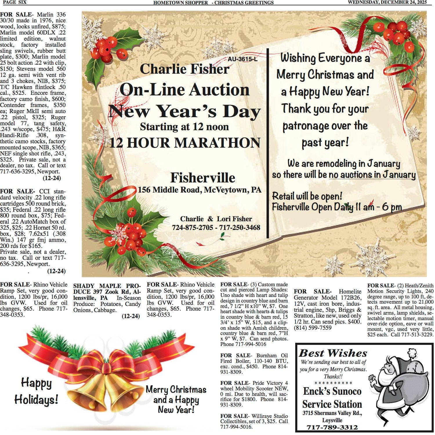 Advertisement for a New Year's Day online auction at Charlie Fisher, Fisherville, with holiday greetings.