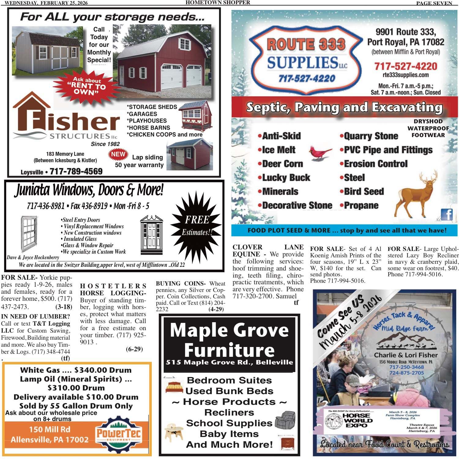 Advertisements for storage sheds, home improvement, and furniture.