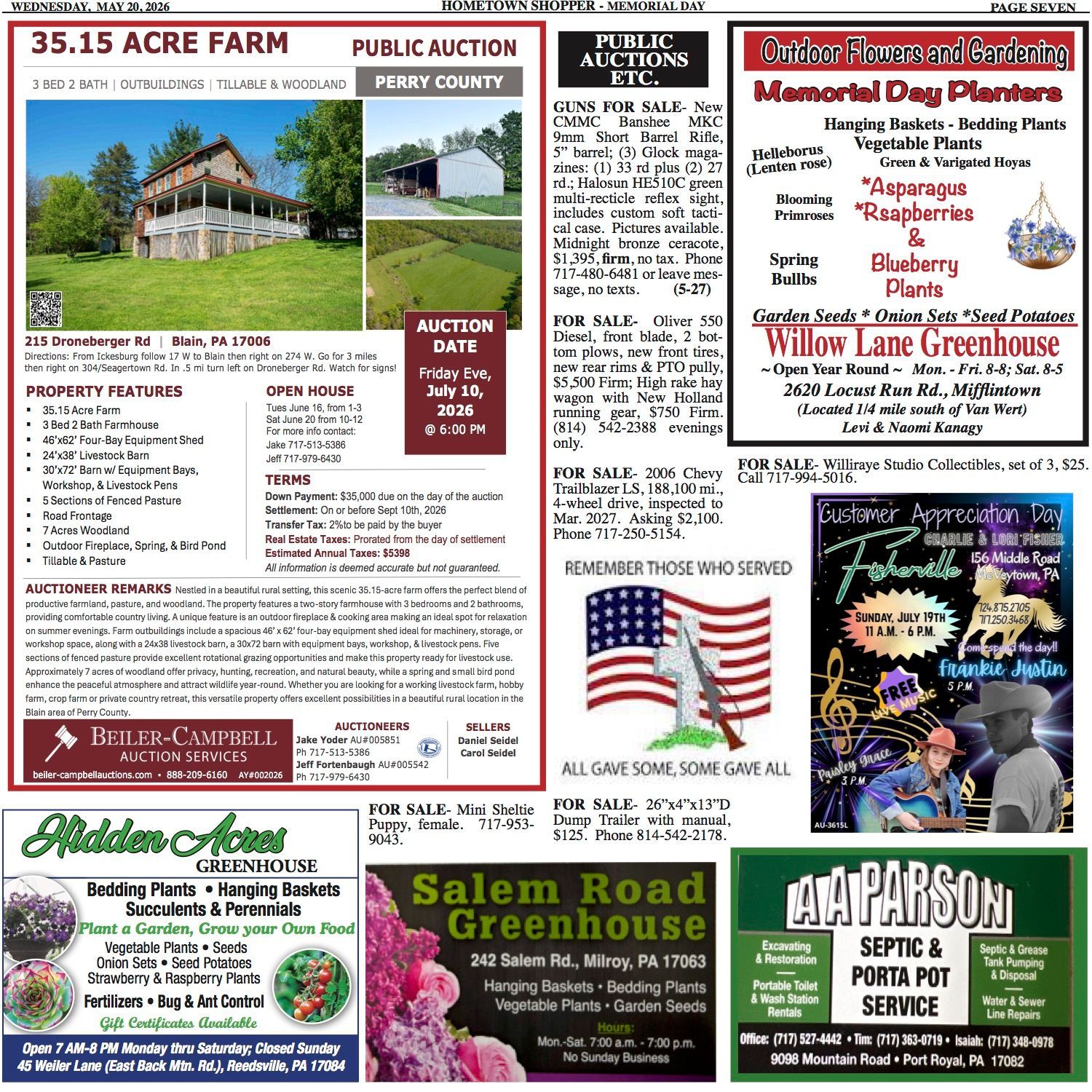 Collage of local ads and a public auction flyer, mostly red, white, and black text blocks.