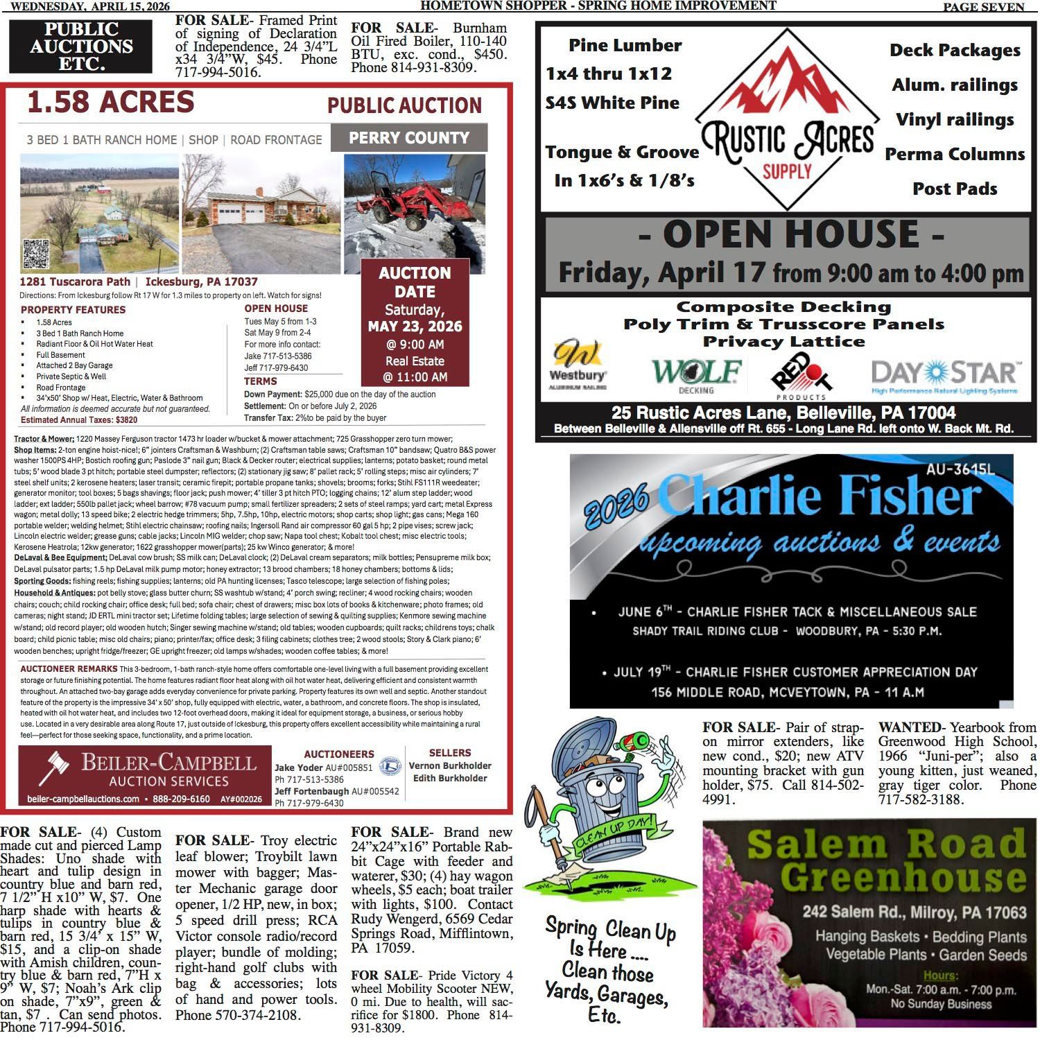 A newspaper page of classified ads, including a property auction, a lumber supply company, and various local event listings.