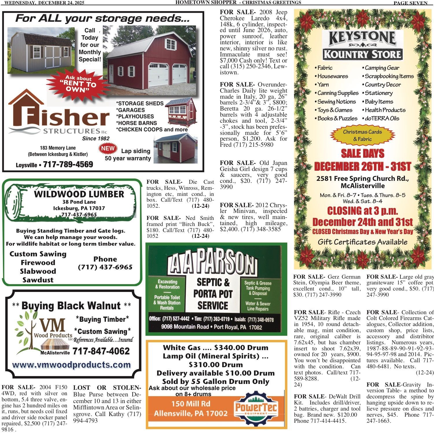 Advertisements for sheds, lumber, septic service, and sales; with a Keystone Country Store ad.