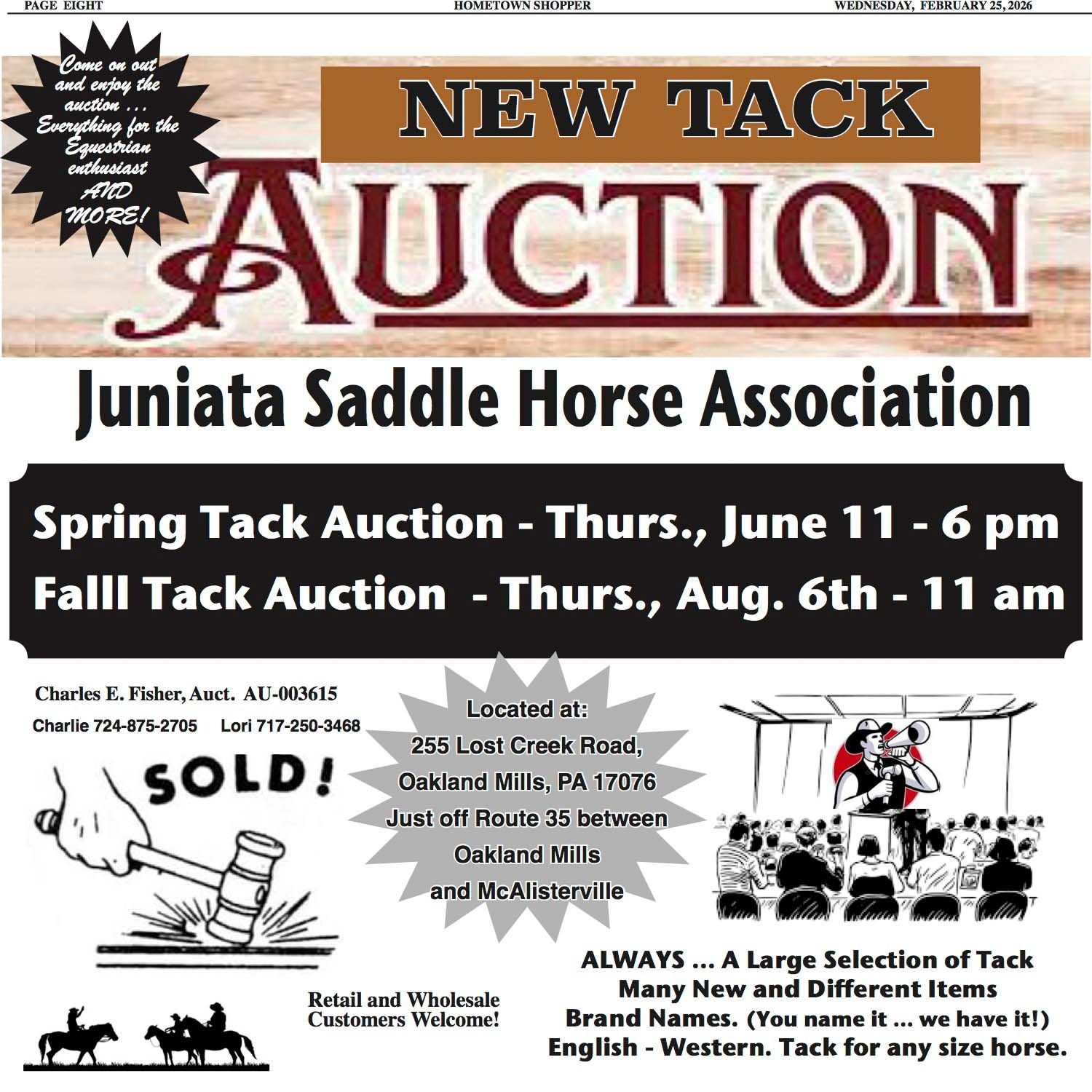 Ad for Juniata Saddle Horse Association Tack Auction: spring & fall sales, times & location in Oak and McVeytown, PA.