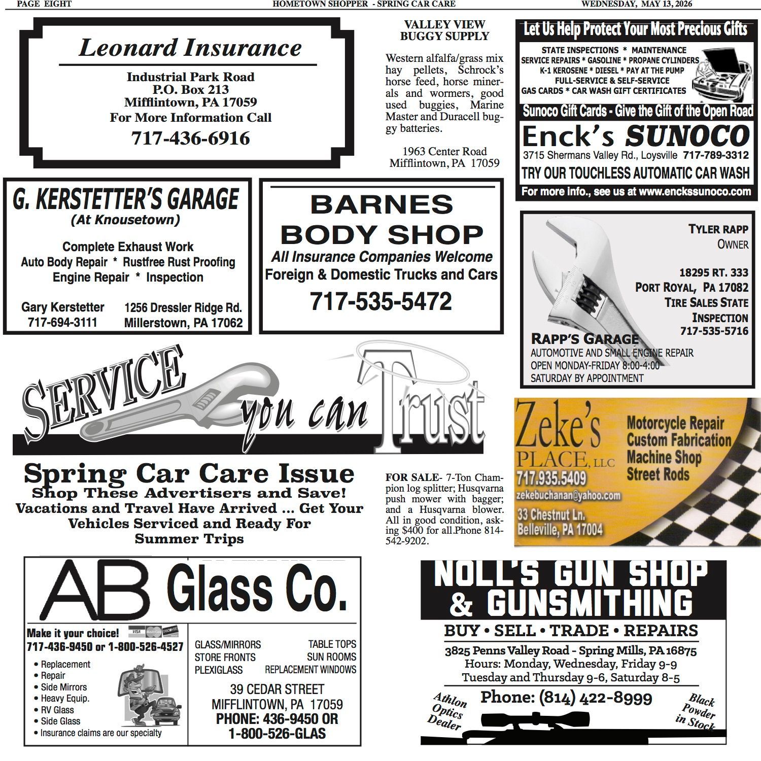 Collage of black-and-white local business ads and logos, including garages, body shops, and gun shops.