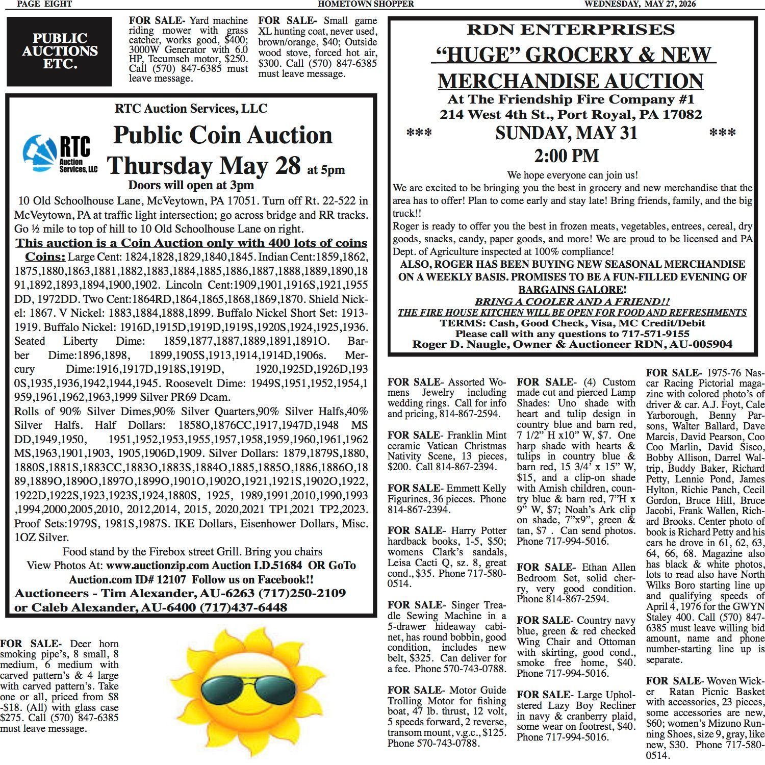Newspaper classifieds page with a bold “Now in Stock!” lumber ad and a local association announcement.