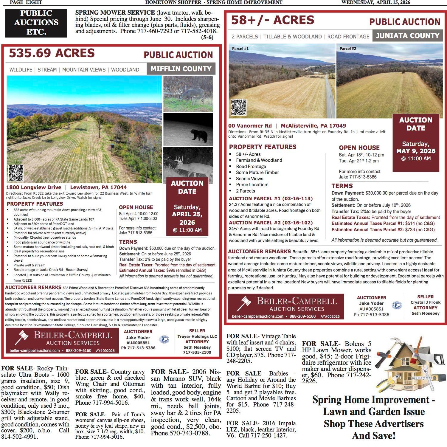 A collage of newspaper advertisements featuring two land auction listings, text, and small local business classifieds.