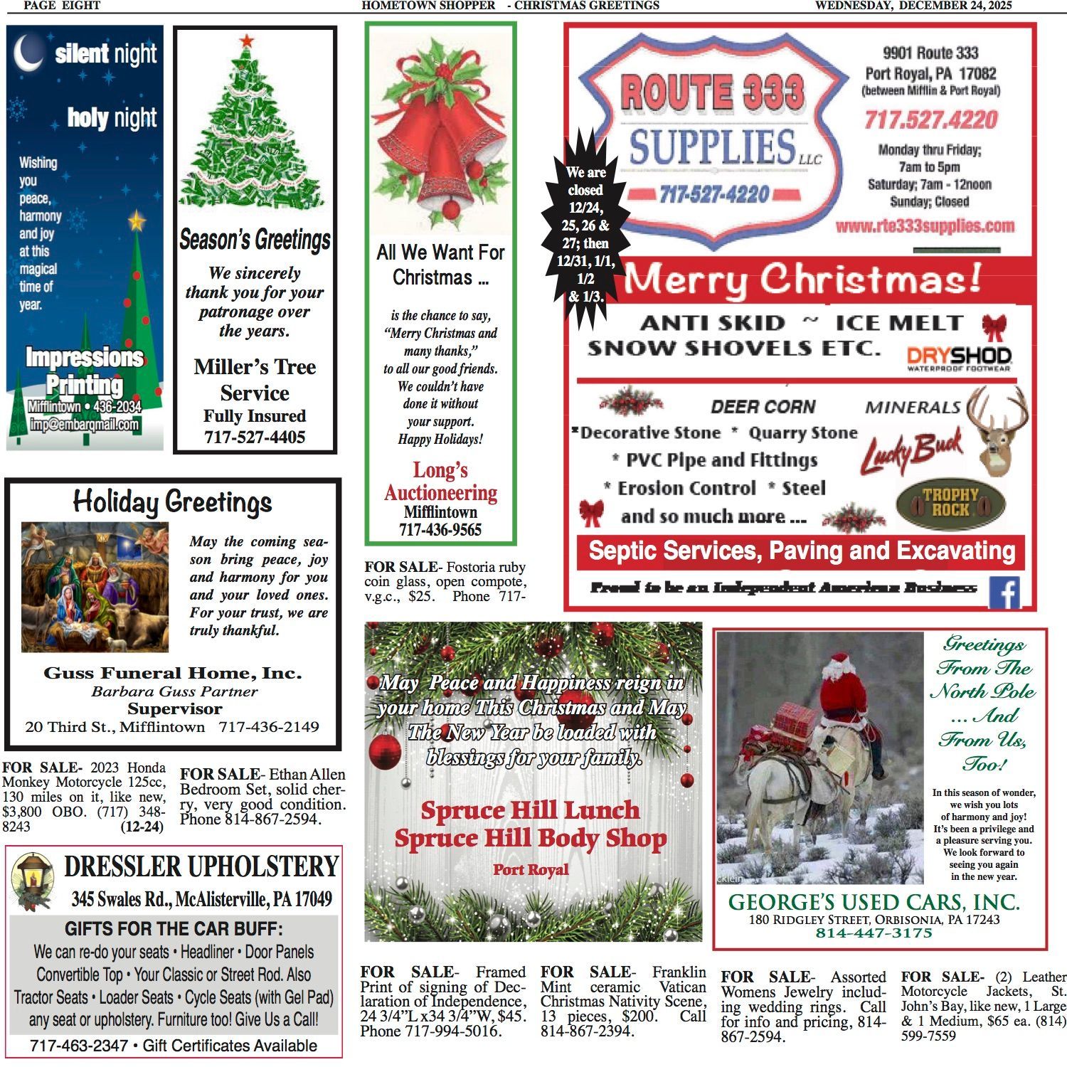 Newspaper advertisements for Christmas with festive graphics, store listings, and holiday greetings.