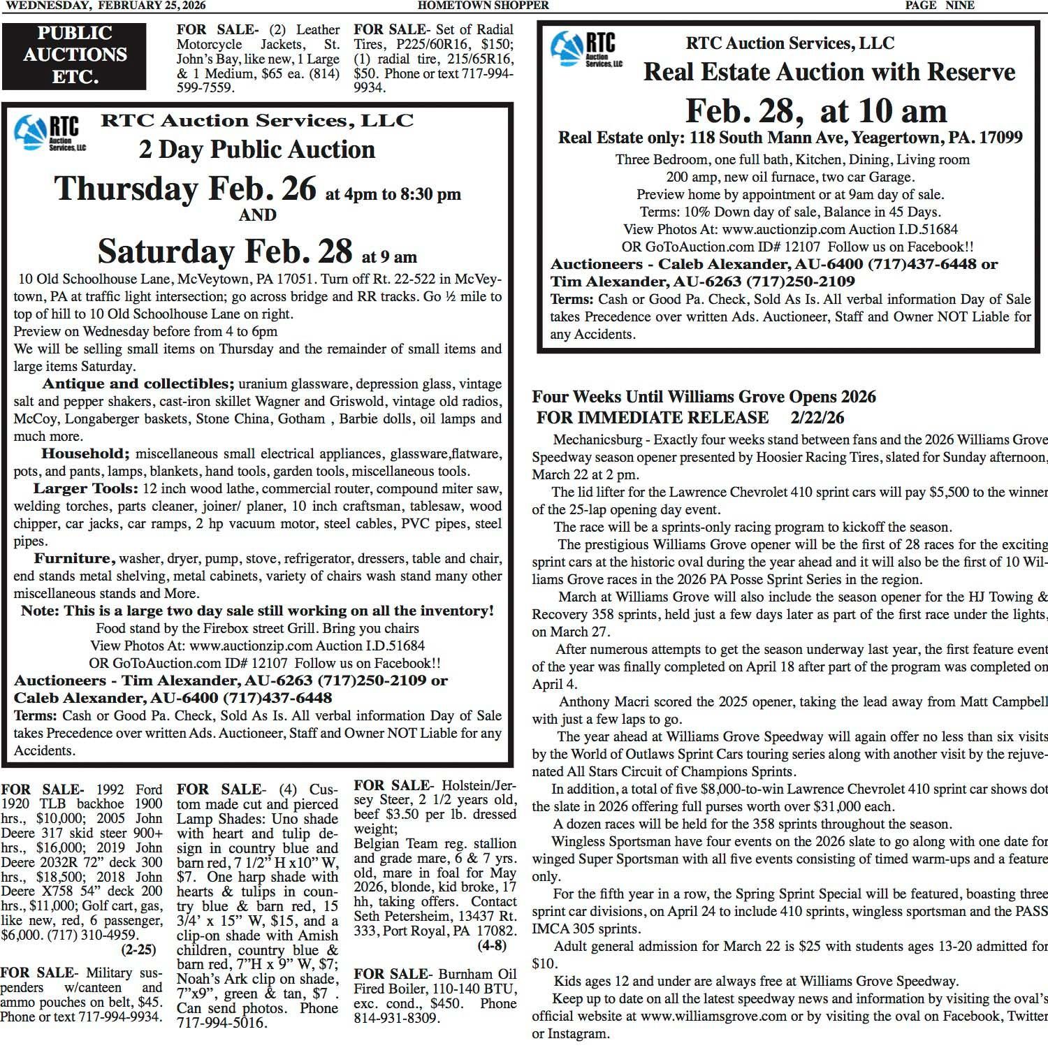 Advertisement for a two-day public auction and real estate auction.