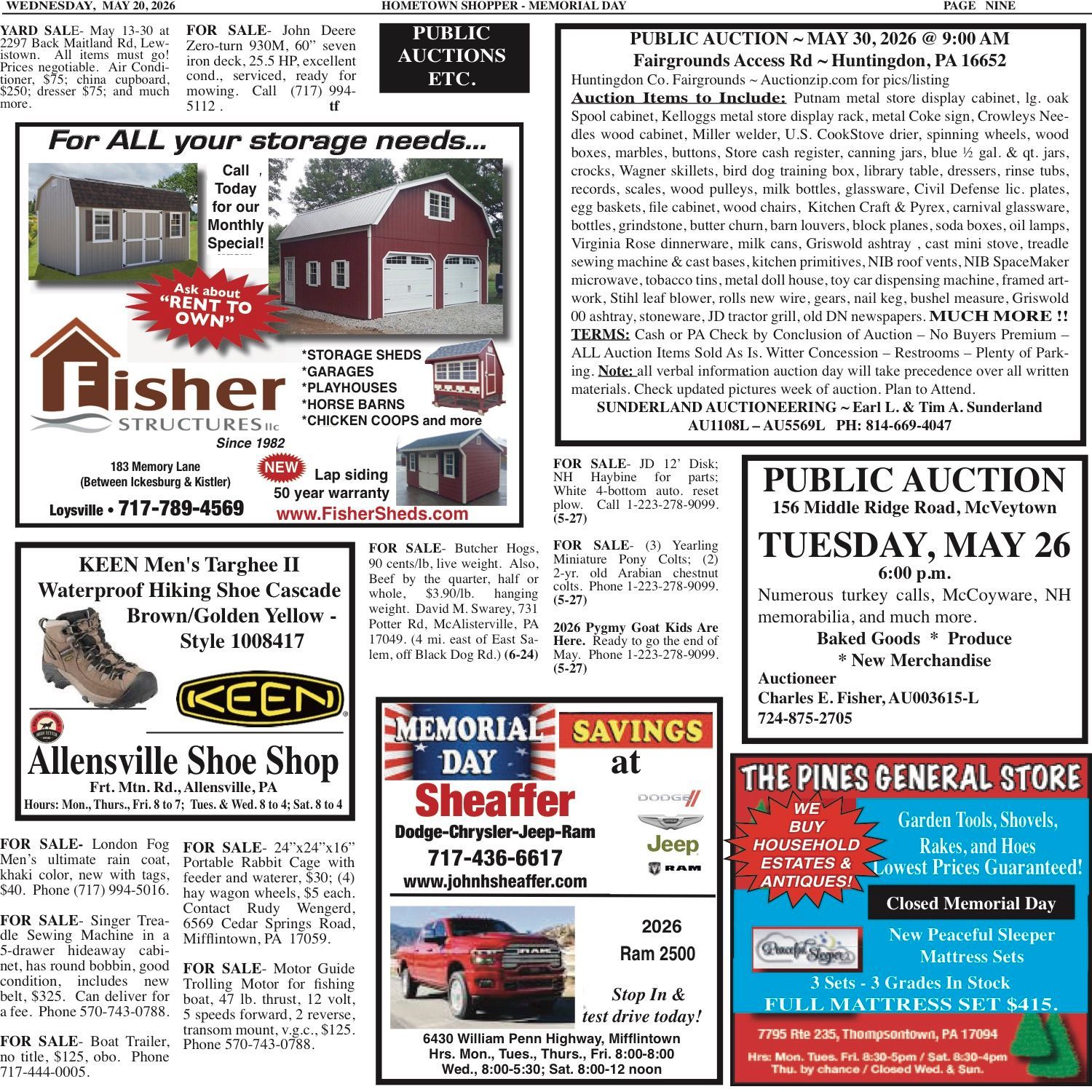 Collage of local business ads and event flyers, including Mexico Market, Pollock's Garage, and craft shows.