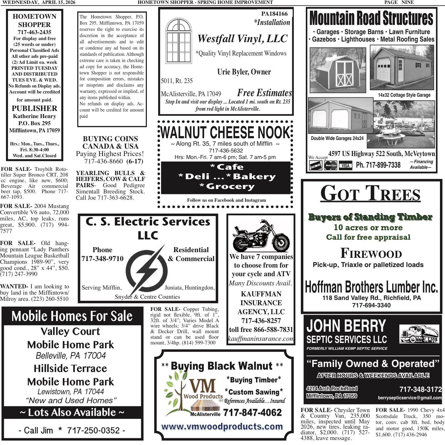 A grid of black-and-white local business classified advertisements, including services like electrical, lumber, and sales.