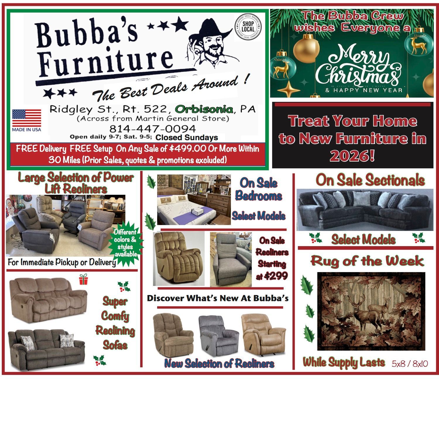 Bubba's Furniture ad: power recliners, sectionals, bedrooms, and recliners on sale. Merry Christmas greetings, Orbisonia, PA.
