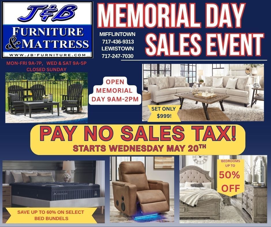 Bubba’s Furniture sale ad with sofas, bedroom sets, mattresses, and up to 50% off in red, white, and blue.