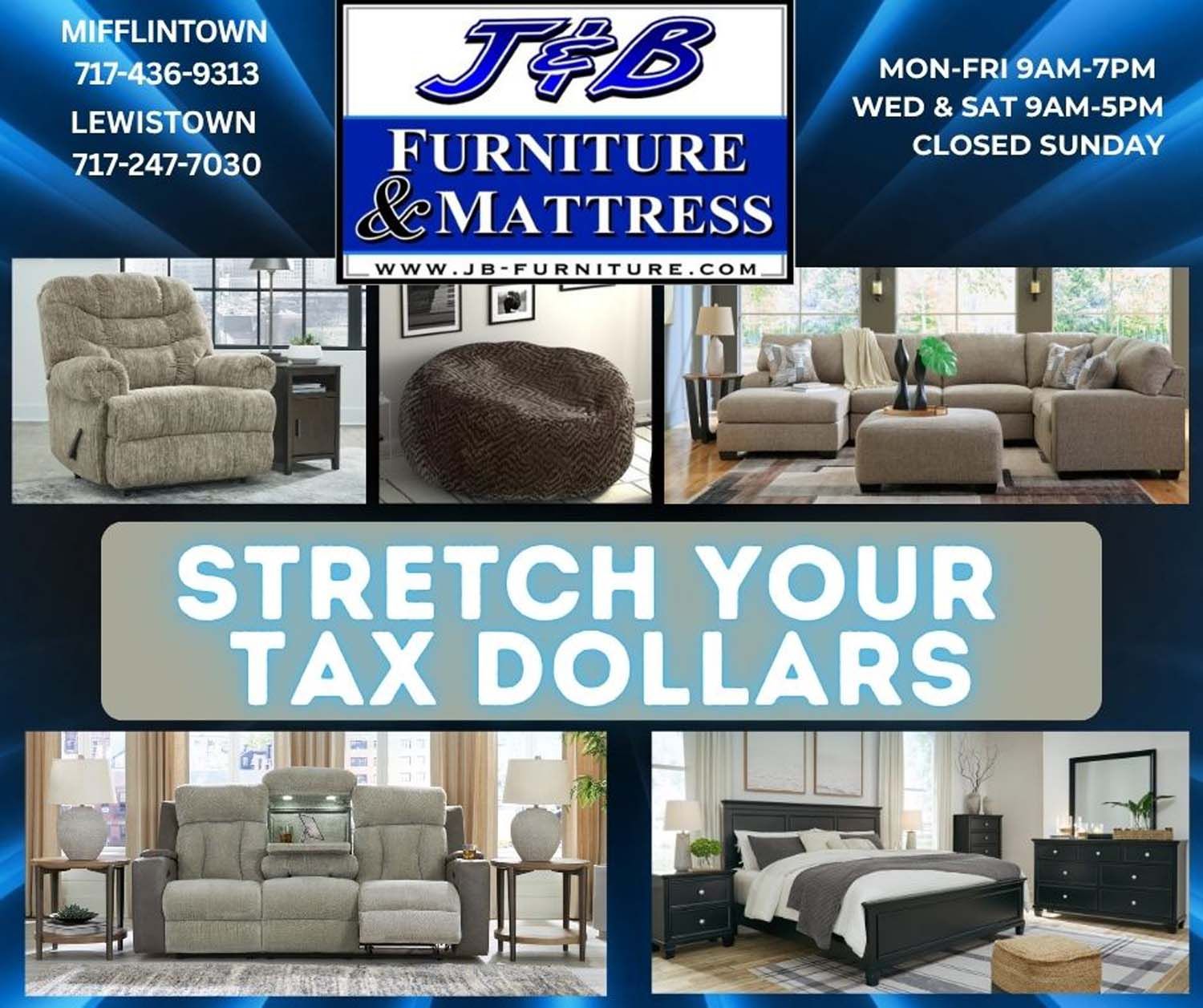 Advertisement for J&B Furniture & Mattress showing various furniture pieces, business hours, and phone numbers.