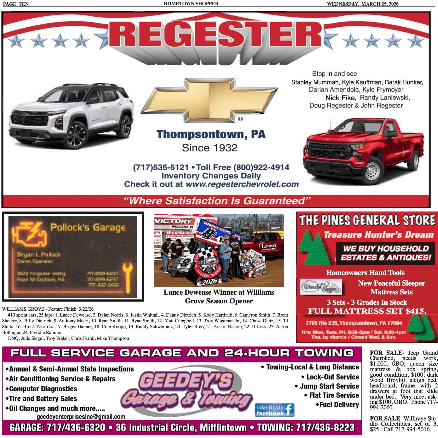 An advertisement for Regester Chevrolet in Thompsontown, PA, featuring dealership information and local service ads.