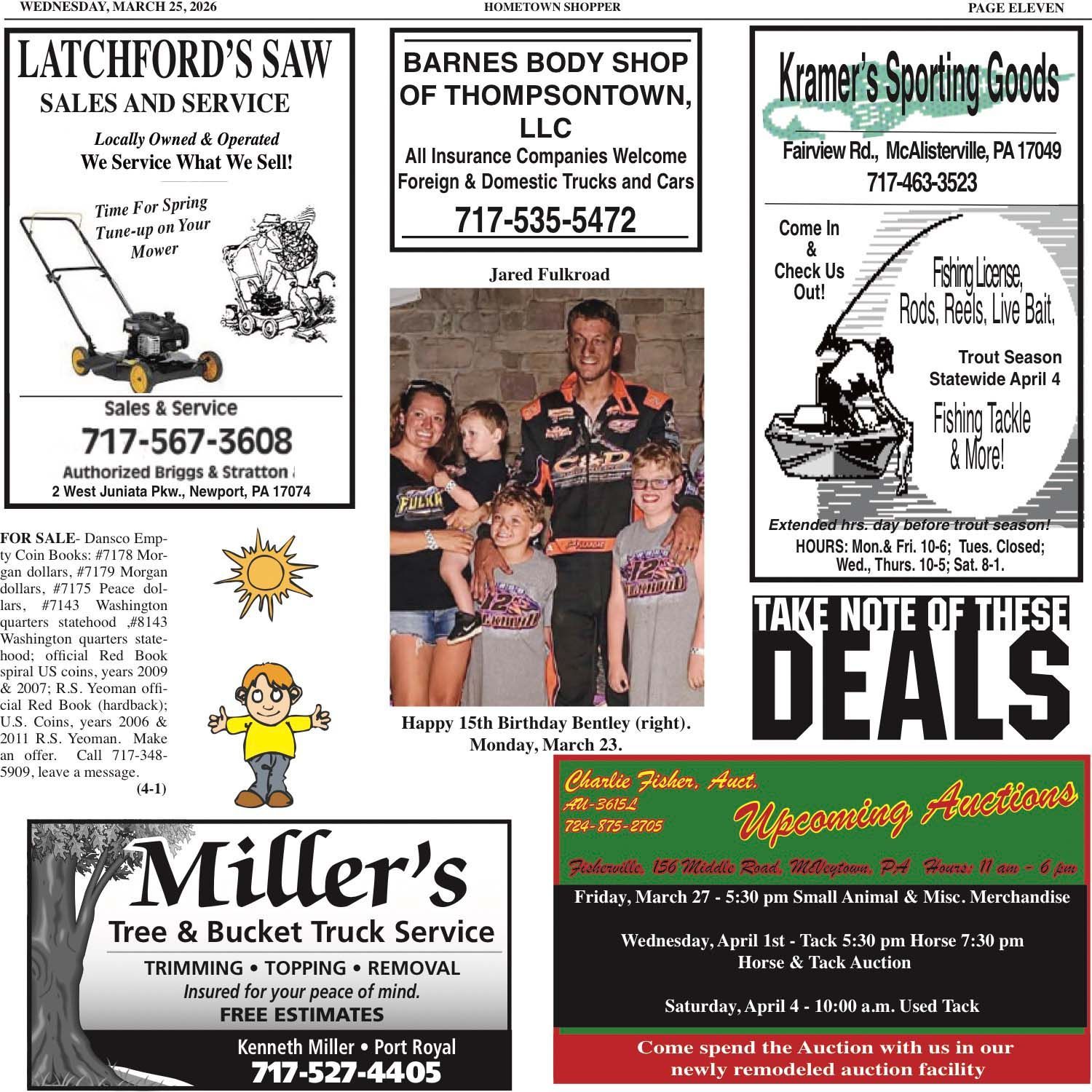 A collage of local advertisements, including a family photo with birthday wishes and business contact information.