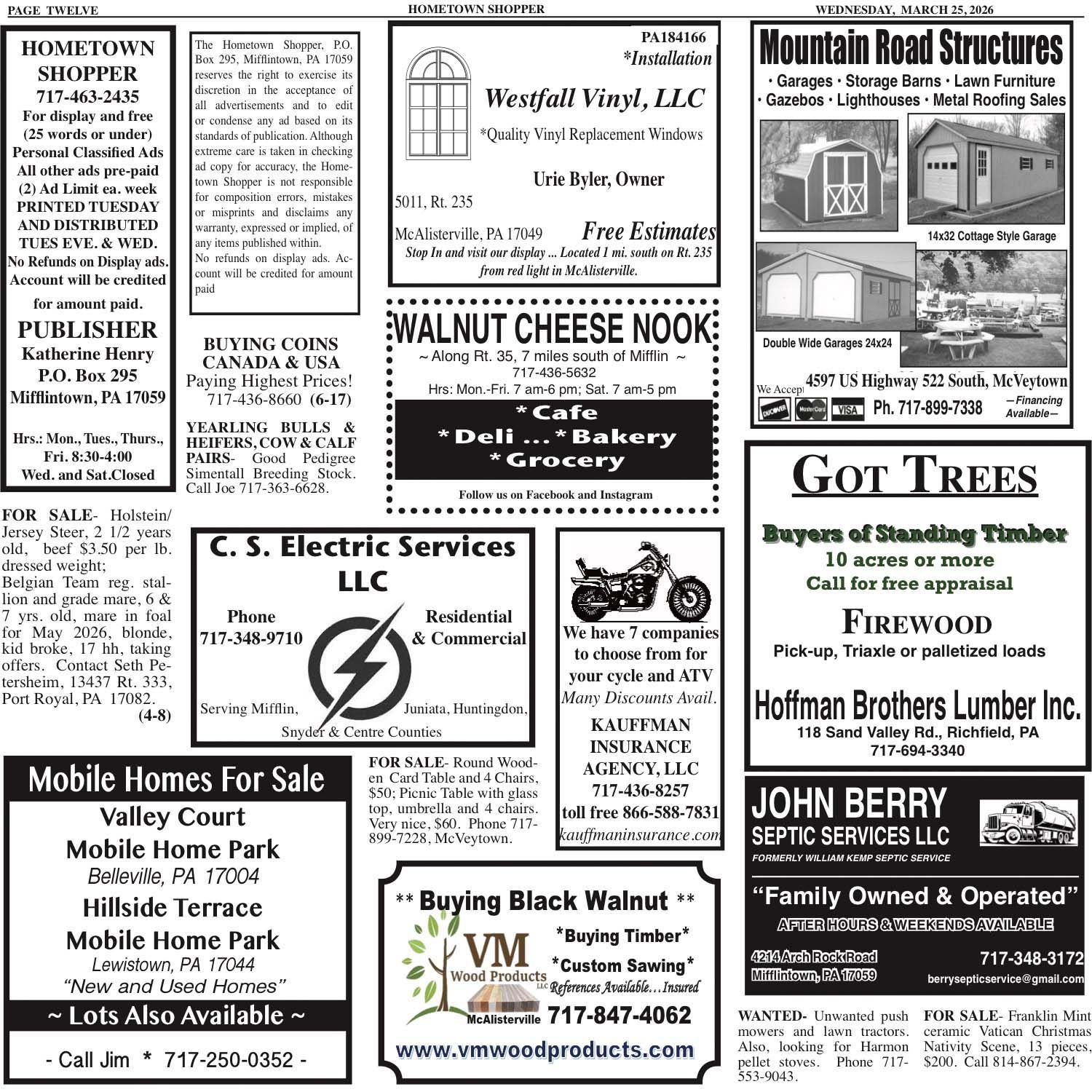 A page of classified advertisements for various local businesses and services, arranged in a grid layout.